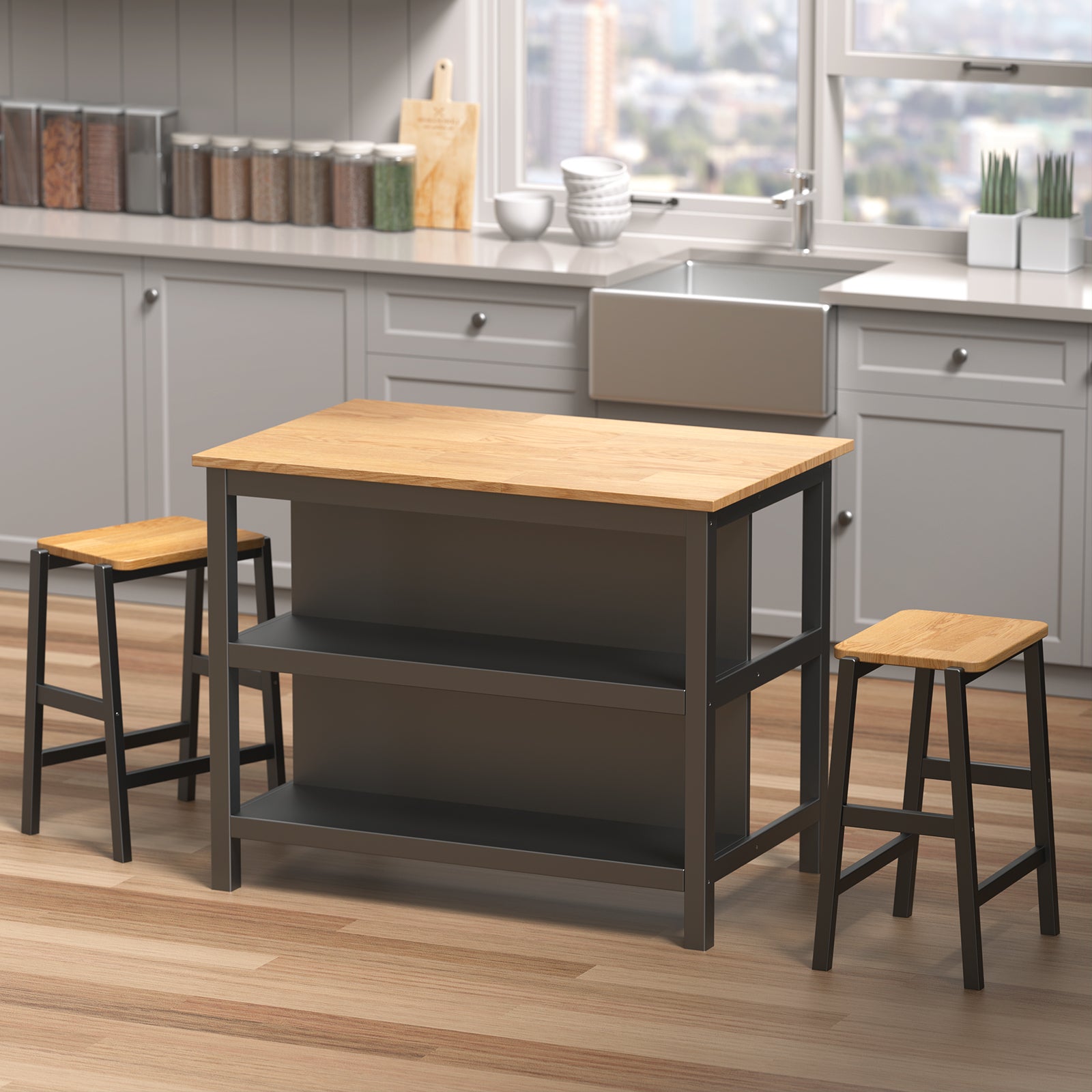 3 Pcs Dining Table Set Rustic Retro Breakfast Table Dining Stools Rubberwood For 2 With Two Open Shelves For Small Space Kitchen Dining Room W69165661 Black Rubber Wood