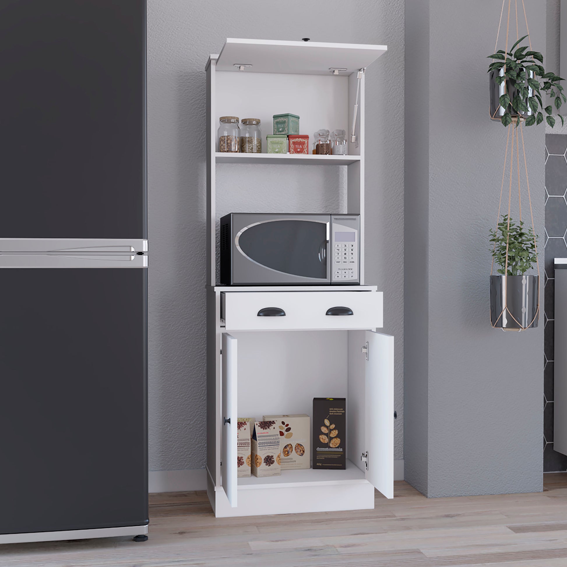 Apex Kitchen Pantry 66.3" H With Drawer, 2 Cabinets, And Microwave Stand, White White Solid Wood Mdf Engineered Wood