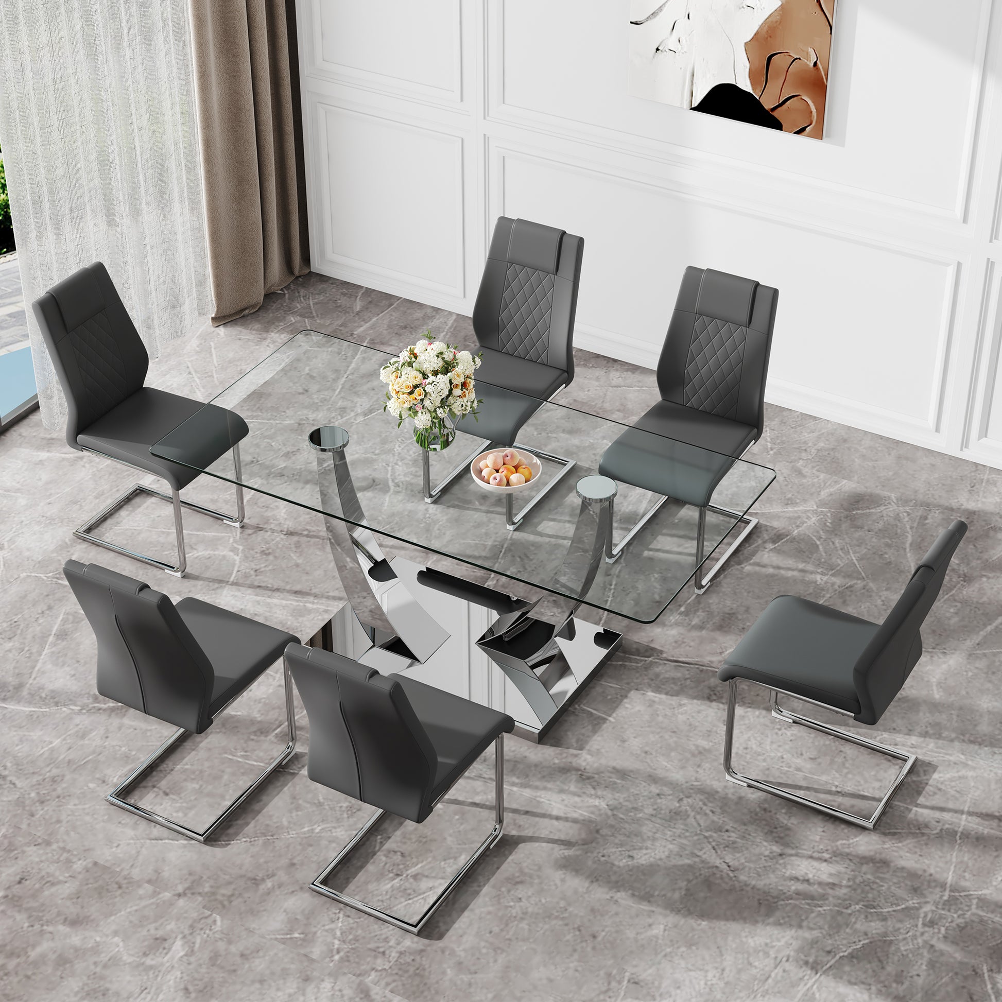 Table And Chair Set.Contemporary, Minimalist Rectangular Dining Table Featuring A Clear Tempered Glass Top And Sleek Silver Legs. Paried With Chairs Made Of Pu Material Cushion And Silver Metal Legs. Gray Seats 6 Glass Metal