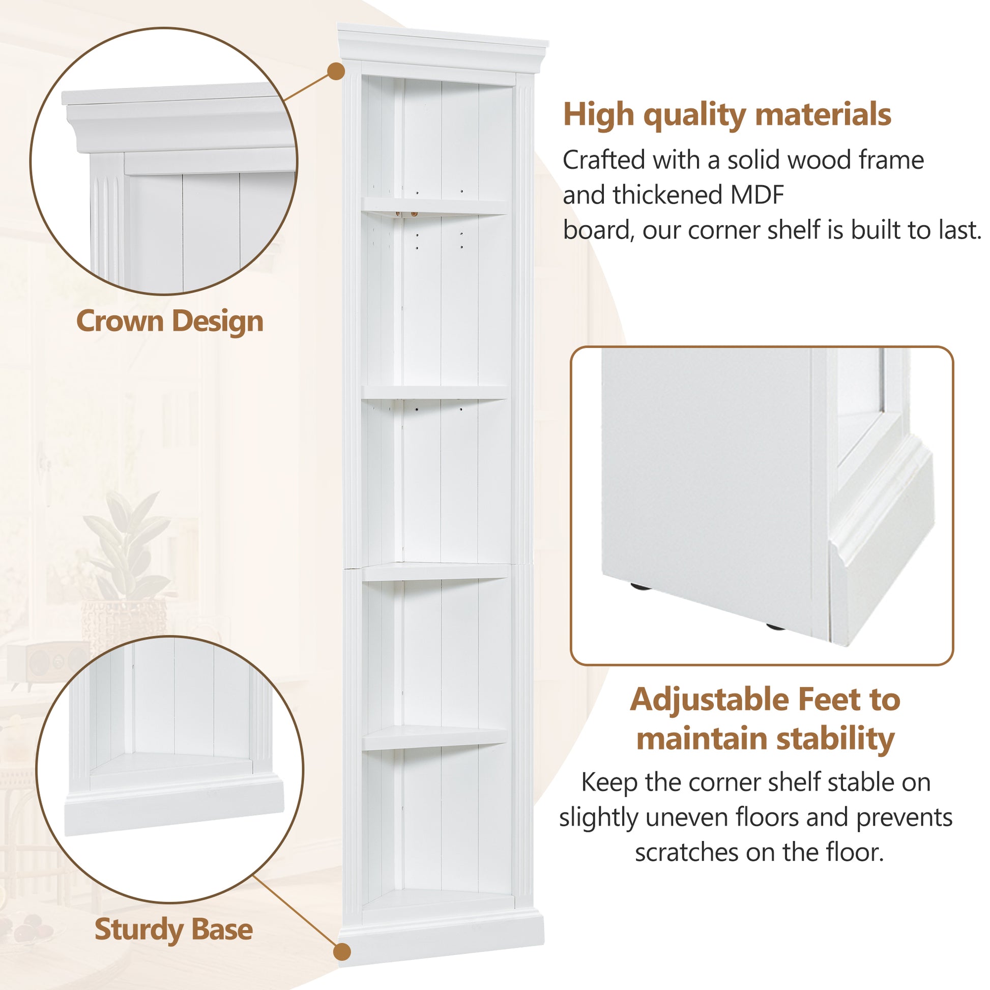 83.4" Tall Wood Bookcase With Two Corner Shelf Suite,5 Tier Home Decor Bookshelves Suite With Adjustable Storage Shelves,Free Standing Storage Shelves Suite For Living Room,Home Office,White White