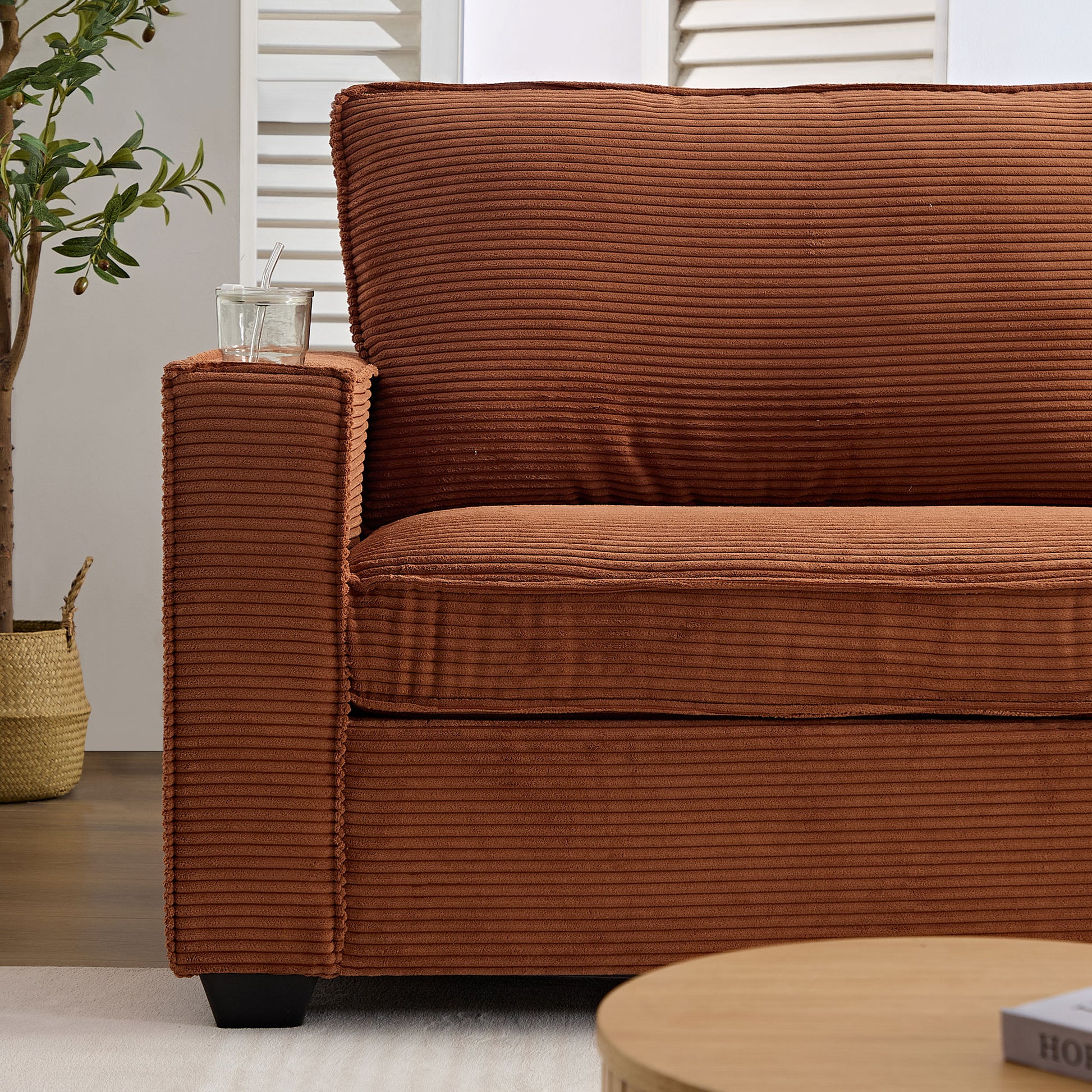 Corduroy Sofa, 87.4 Inch Modern Design Sofa With Cup Holder And Storage Bags, Deep Seat Sofa Couch,Comfy Couch For Living Room,Apartment,Office,Brown Brown Corduroy 3 Seat