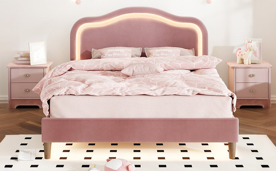 Queen Size Velvet Upholstered Smart Led Bed Frame With Adjustable Height Headboard,No Box Spring Needed,Easy Assembly,Pink Box Spring Not Required Queen Pink Wood Bedroom Cute,Modern Bed Frame Wood