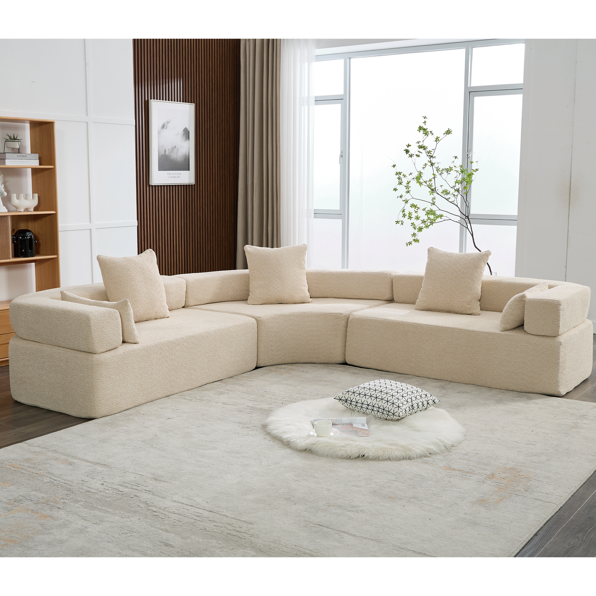 Arrived Oversized Combination Sofa,Curved Sofa,Upholstered 4 Seater Couch For Living Room, Modern Modular 3 Piece Free Combination, Semicircular Modular Sofaboucle, Khaki Khaki Polyester Primary Living Space Soft Tight Back Modern Square Arms Foam