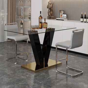 Table And Chair Set. A Rectangular Glass Dining Table With A 0.4 Inch Tempered Glass Tabletop And Mdf Board V Shaped Bracket, Paired With 2 Chairs Consisting Of Pu Seat Cushions And Silver Metal Legs. Black Gray Seats 2 Tempered Glass