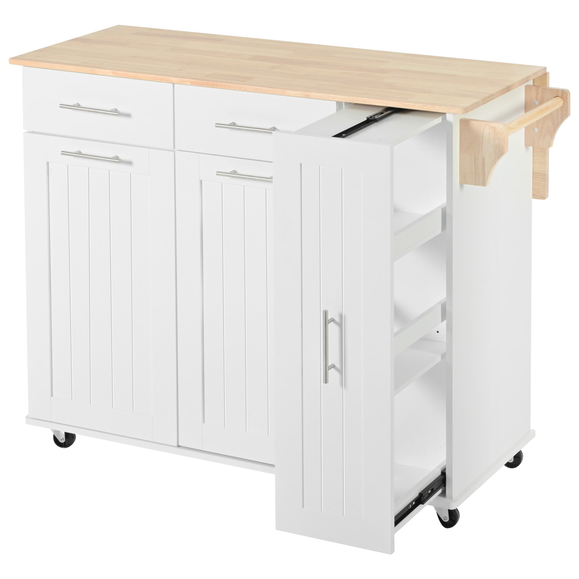 K&K Kitchen Island With Drop Leaf, Kitchen Storage Cart With 3 Tier Pull Out Cabinet Organizer, Internal Storage Rack, Rolling Kitchen Cart On Wheels With Towel Rack, 2 Drawers, For Kitchen, White White Brown Kitchen Classic,Farmhouse,Luxury,Modern