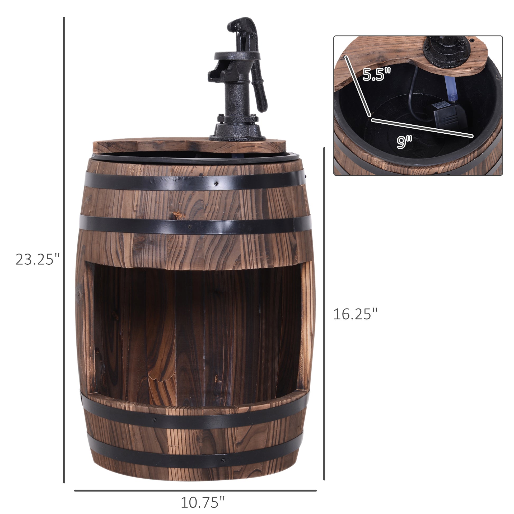Outsunny 23" H Outdoor Water Fountain Wood And Metal Rustic Apple Barrel Pump Garden Decor For Outside Backyard Brown Wood