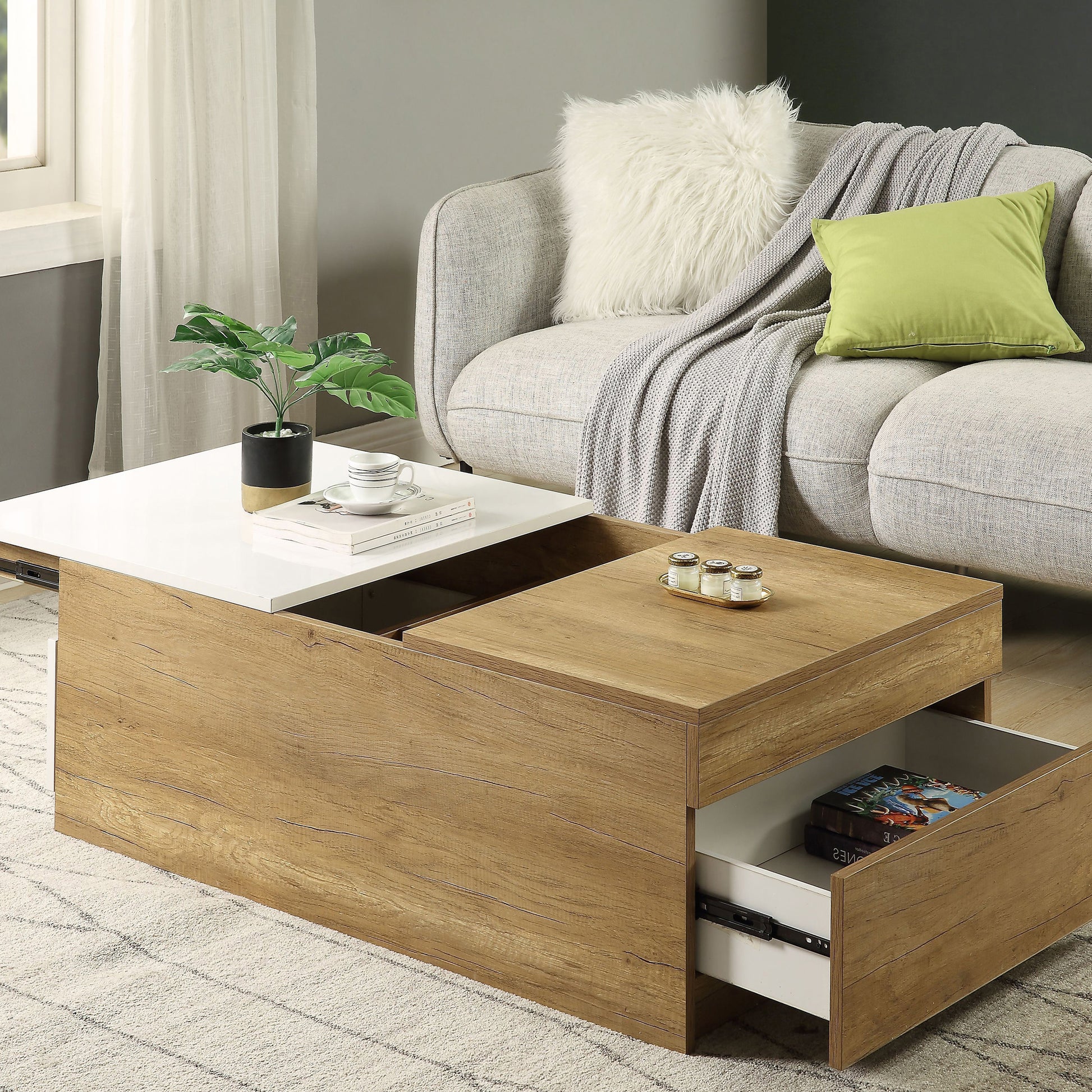 Oak And White Coffee Table With Hidden Compartments Oak Primary Living Space Drawers Rectangular Wood