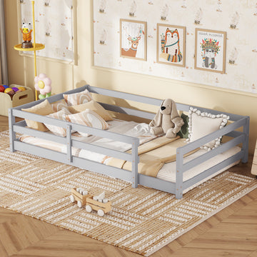 Twin Size Floor Bed, Montessori Floor Bed With Fence, Kids Montessori Bed Twin Size, Wood Montessori Floor Bed For Kids, Girls, Boys Gray Grey Wood Metal