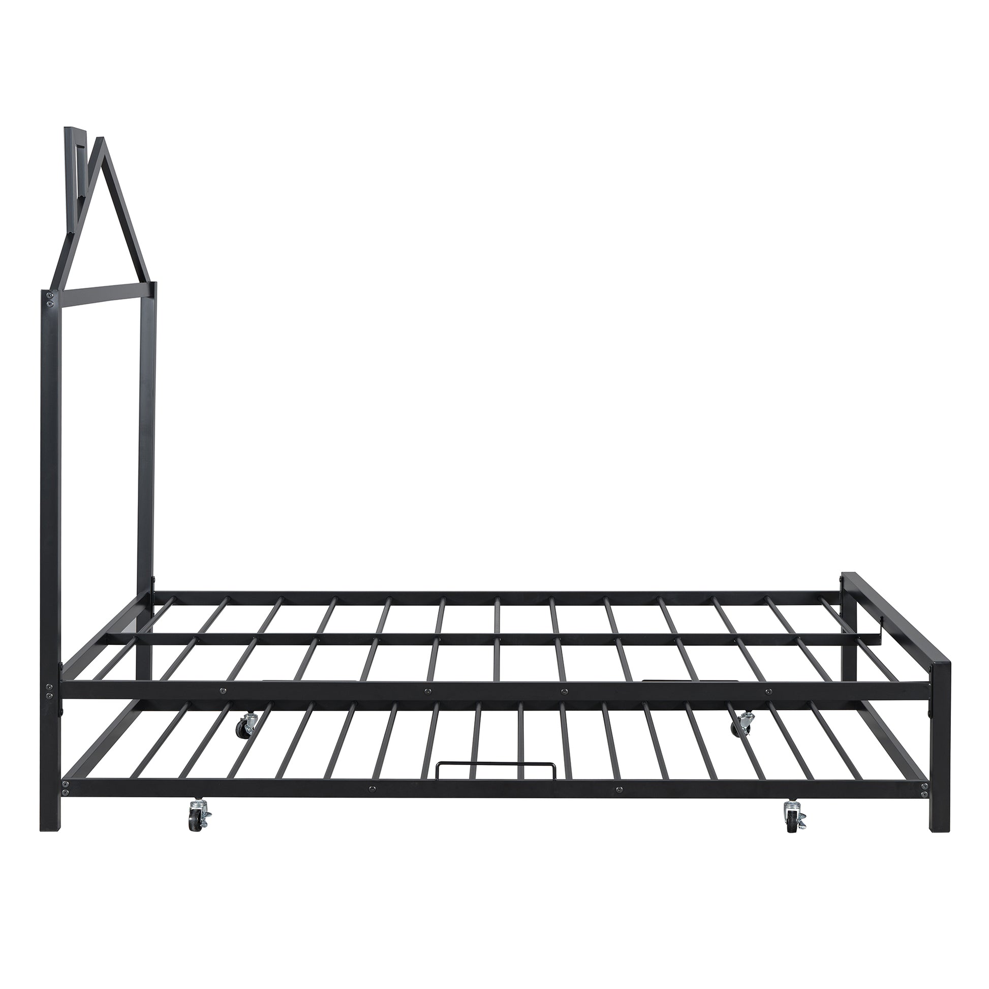 Full Size Metal Platform Bed With Twin Size Trundle,House Shaped Headboard Design, Black Full Black Metal