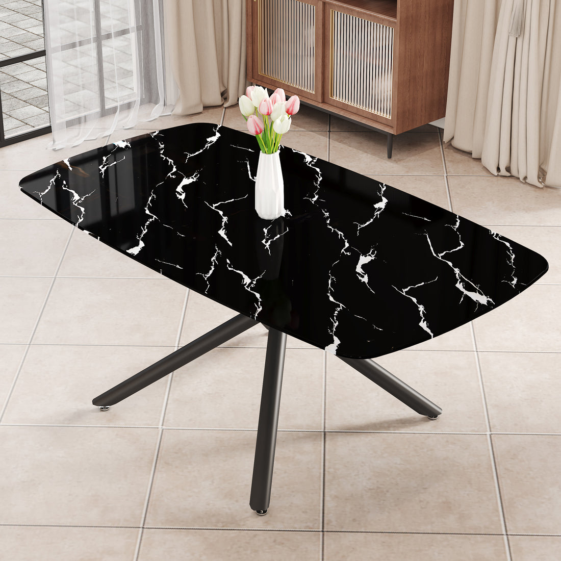 Large Modern Minimalist Rectangular Dining Table With 0.39 "Imitation Marble Black Tabletop And Black Metal Legs, Suitable For Kitchen, Dining Room, Living Room, Conference Room, And Banquet Hall 1537 Black Glass Metal