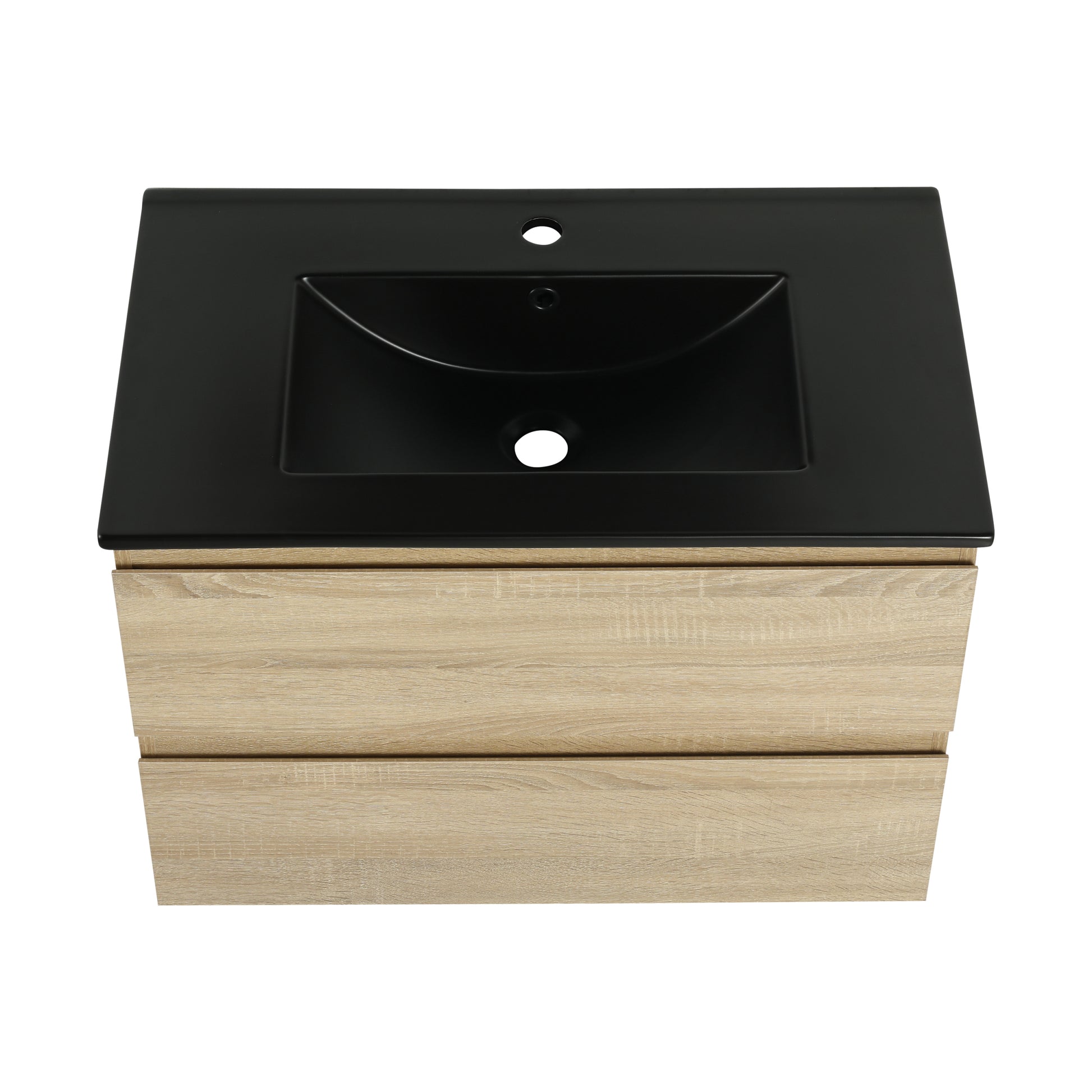 30" Wall Mounted Bathroom Vanity With Black Ceramic Sink, 2 Soft Close Drawers, Kd Package 2 Light Oak Bathroom Wall Mounted Modern Plywood