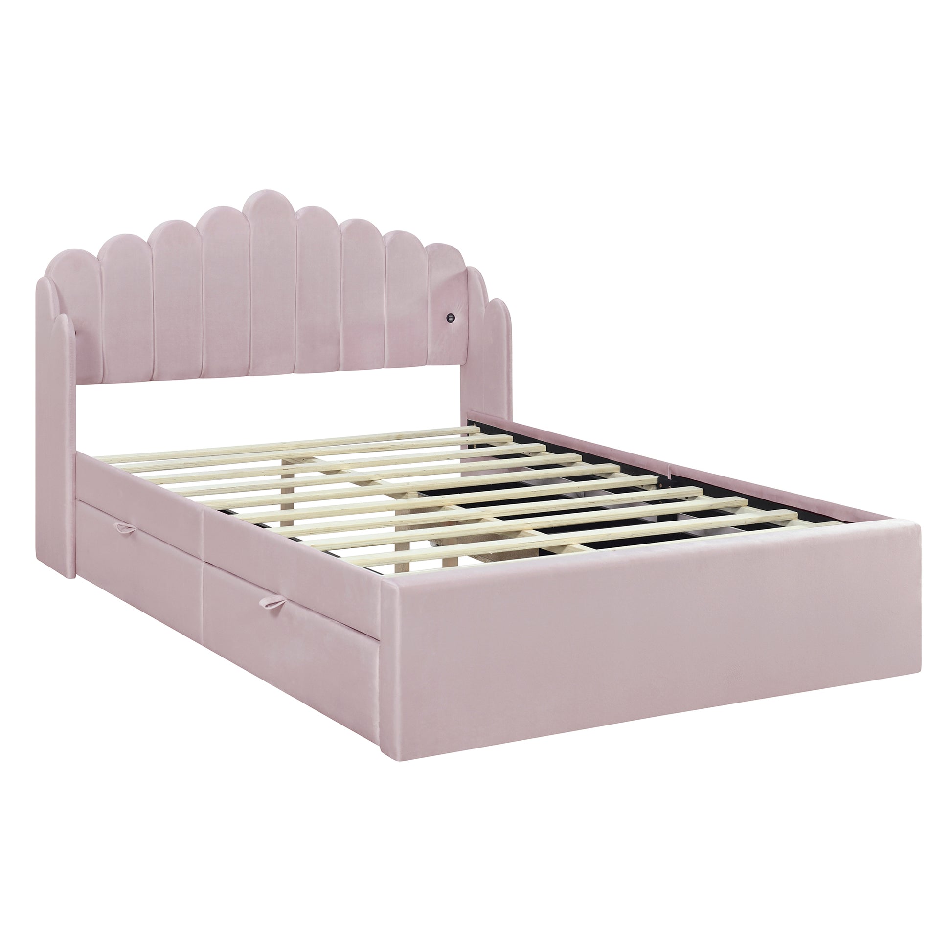 Full Size Upholstered Platform Bed With 4 Drawers And 2 Usb, Pink Box Spring Not Required Full Pink Wood Bedroom Bed Frame Polyester Upholstered