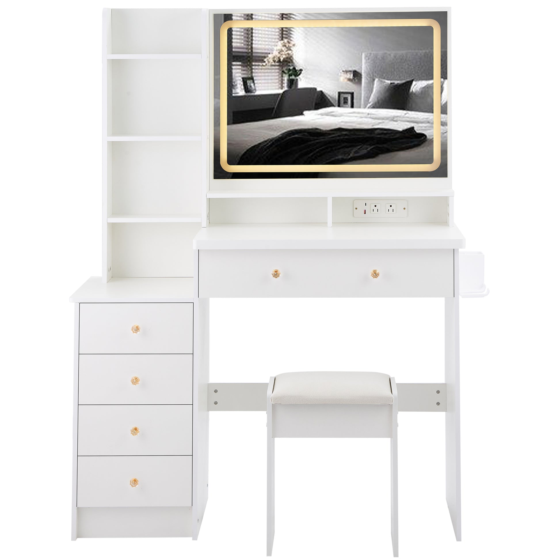 41" Large Size Left Bedside Cabinet Vanity Table Cushioned Stool Dresser Set, 2 Ac 2 Usb Power Station, Hair Dryer Stand, Extra Large Touch Control Led Mirror, 3 Color Switch, Epa, Gcc, Ul