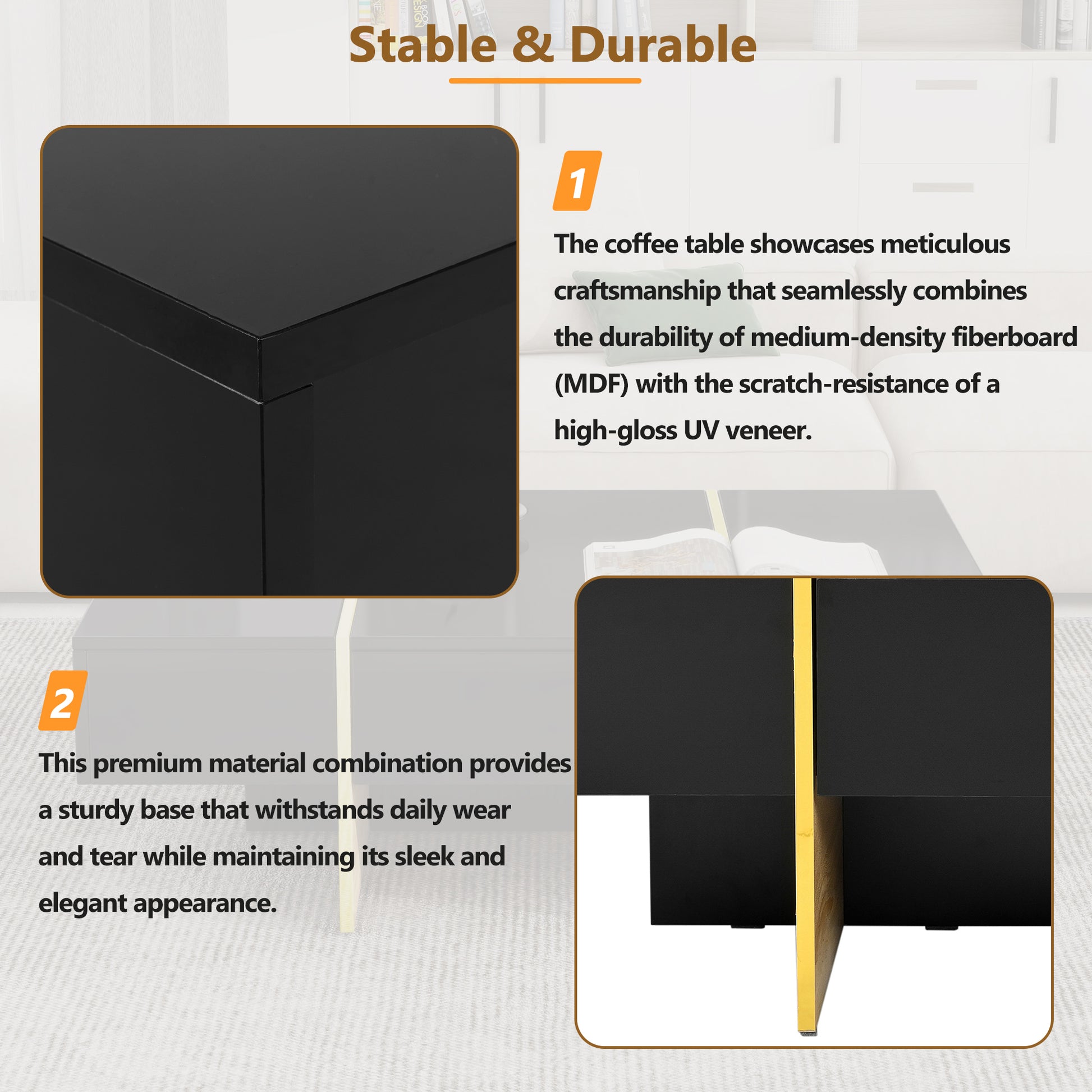 47.2'' X 31.4''Minimalist High Gloss Coffee Table With 2 Drawers, Multi Storage Rectangle Sofa Table With Golden Wood Grain Legs, Modern Center Table For Living Room, Black Black Particle Board Mdf