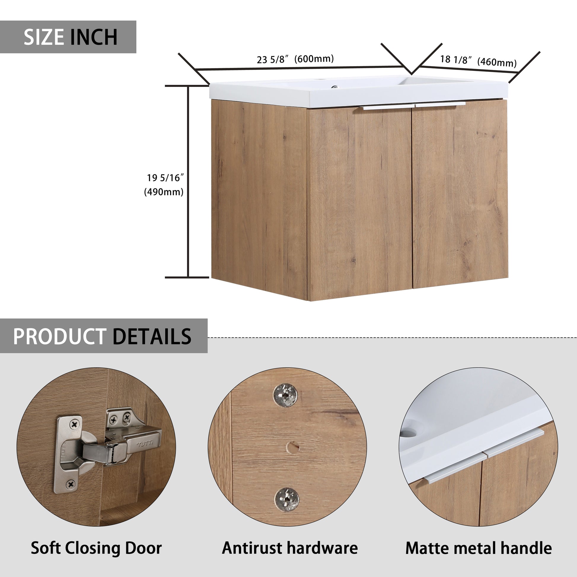 24" Wall Mounted Bathroom Vanity With Sink And Side Cabinet, Soft Close Doors,00112Imo 00624Imo Combination Cabinet Kd Packing Imitative Oak Bathroom Modern Plywood Plywood