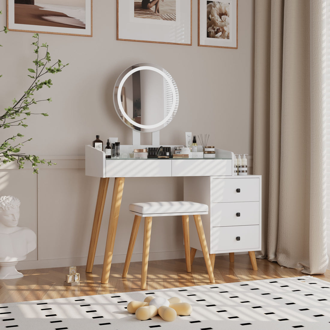 Dressing Table With Led Lights Glass Top Dressing Table With Extendable Side Table 5 Drawers Dressing Table With Mirror And Stool For Bedroom White Drawer 5 Drawers & Above Bedroom Modern Mirror Included White Particle Board Mdf