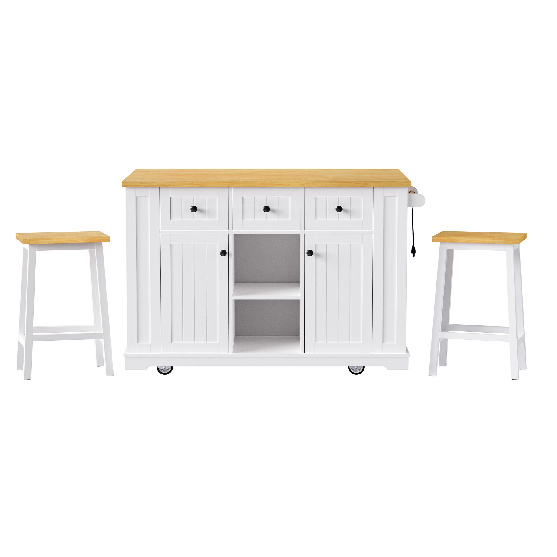 K&K 53Inch Large Kitchen Island With 2 Bar Stools, Power Outlet,Door Internal Storage Rack, Kitchen Storage Cart On 5 Wheels With Drop Leaf, 5 Open Side Racks, 3 Drawers, For Kitchen,Dining