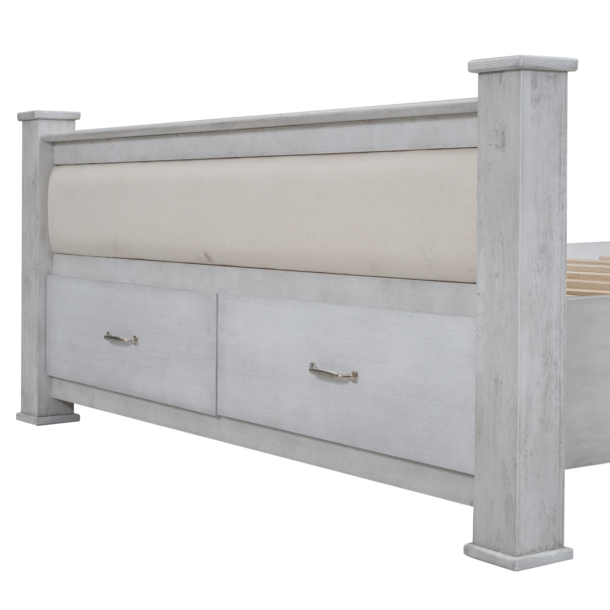 Queen Size Wood Frame Platform Bed With Upholstered Headboard, Footboard And 2 Drawers, Antique White Box Spring Not Required Queen Antique White Wood Bed Frame Solid Wood Mdf