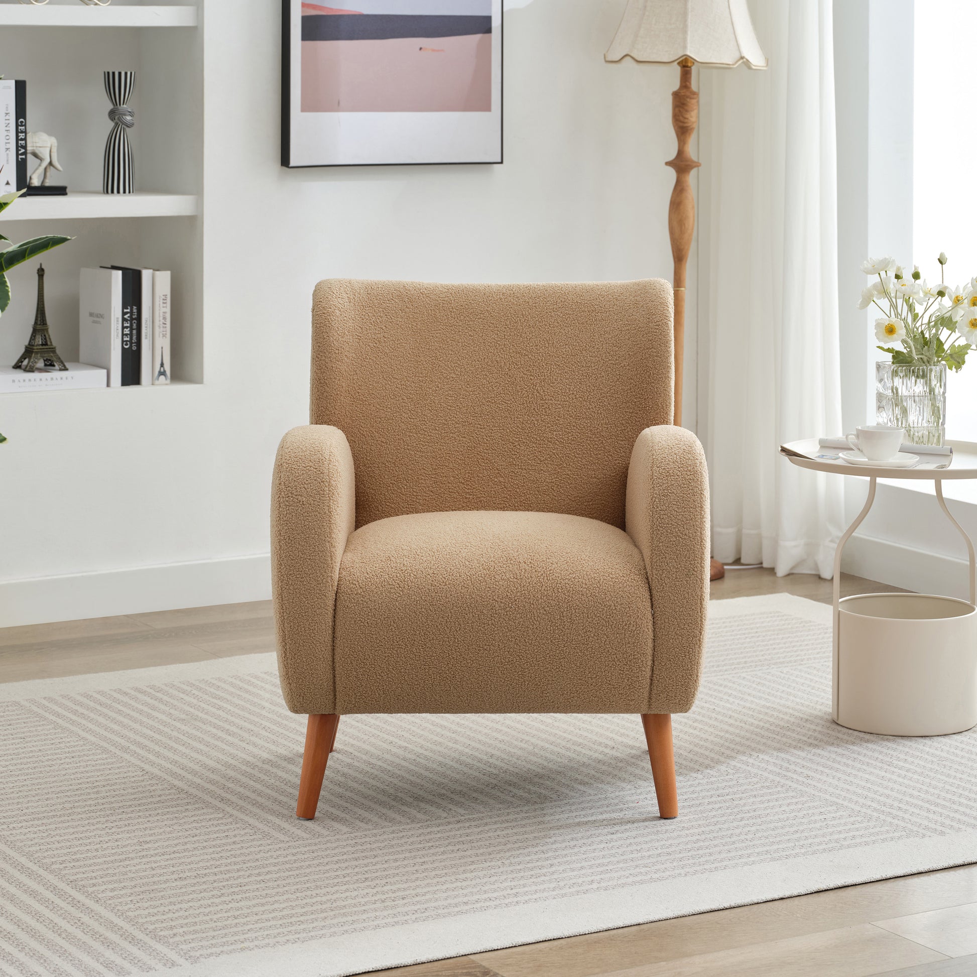 Modern Wingback Lounge Chair Stylish Design, Soft Fabric, Solid Wood Legs, Durable Frame,Brown Camel Boucle