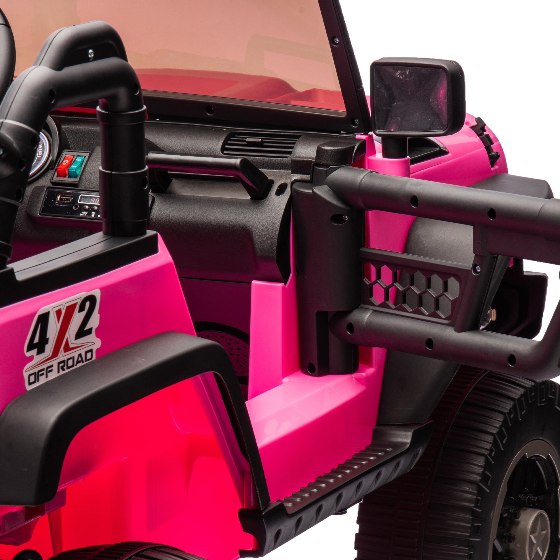 24V Two Seater Kids Ride On Truck Car W Parents Control,200W*2,Seat Width 20.28In,Four Wheel Suspension,Led Lights,Music,Mp3,Bluetooth,Two Independent Seat Belts,Suitable For Off Road For Kids Aged 3 Pink 100 149 Lbs Polypropylene