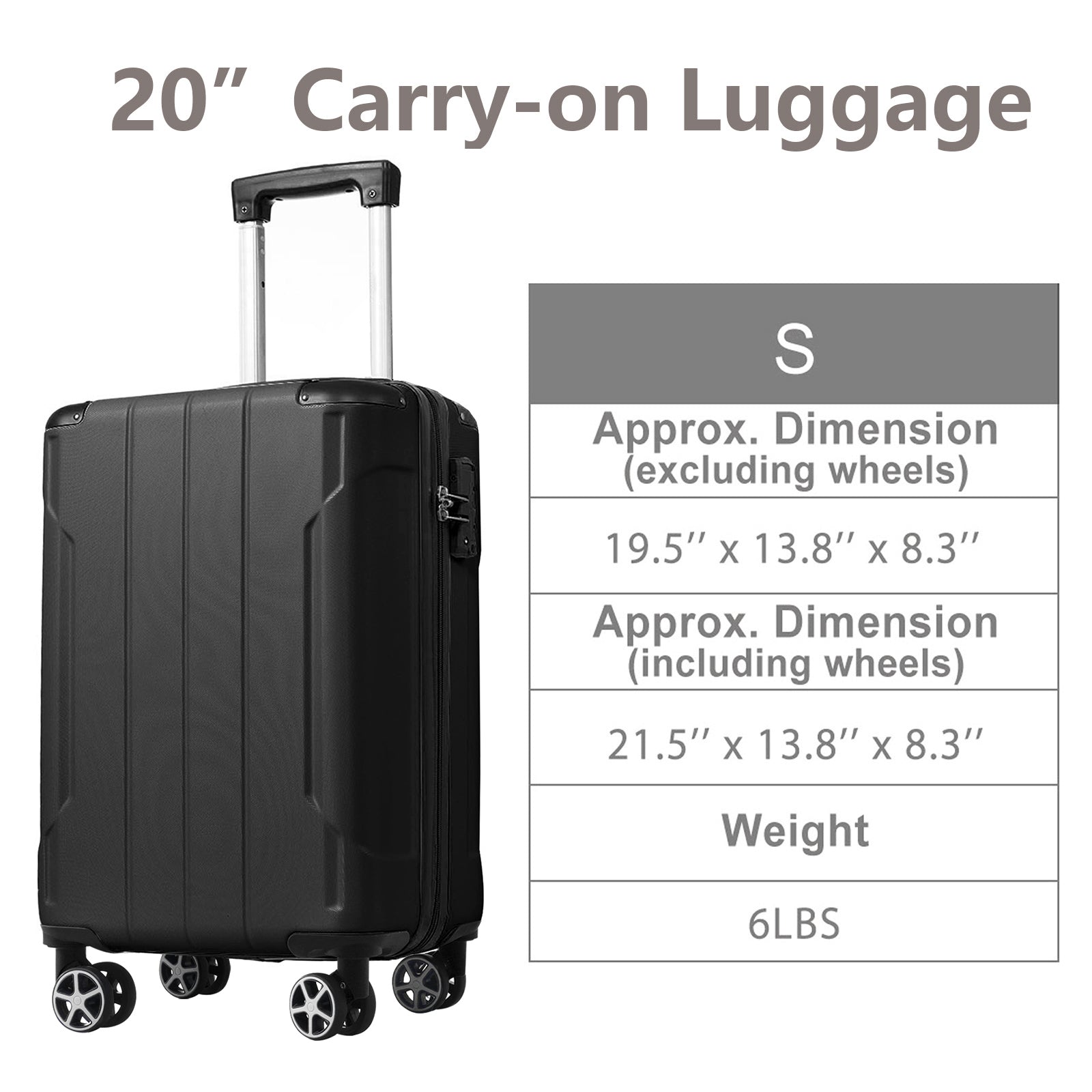 Hardshell Luggage, Lightweight Durable Abs Suitcases With Double Wheels Tsa Lock 20'' Single Luggage Black Abs