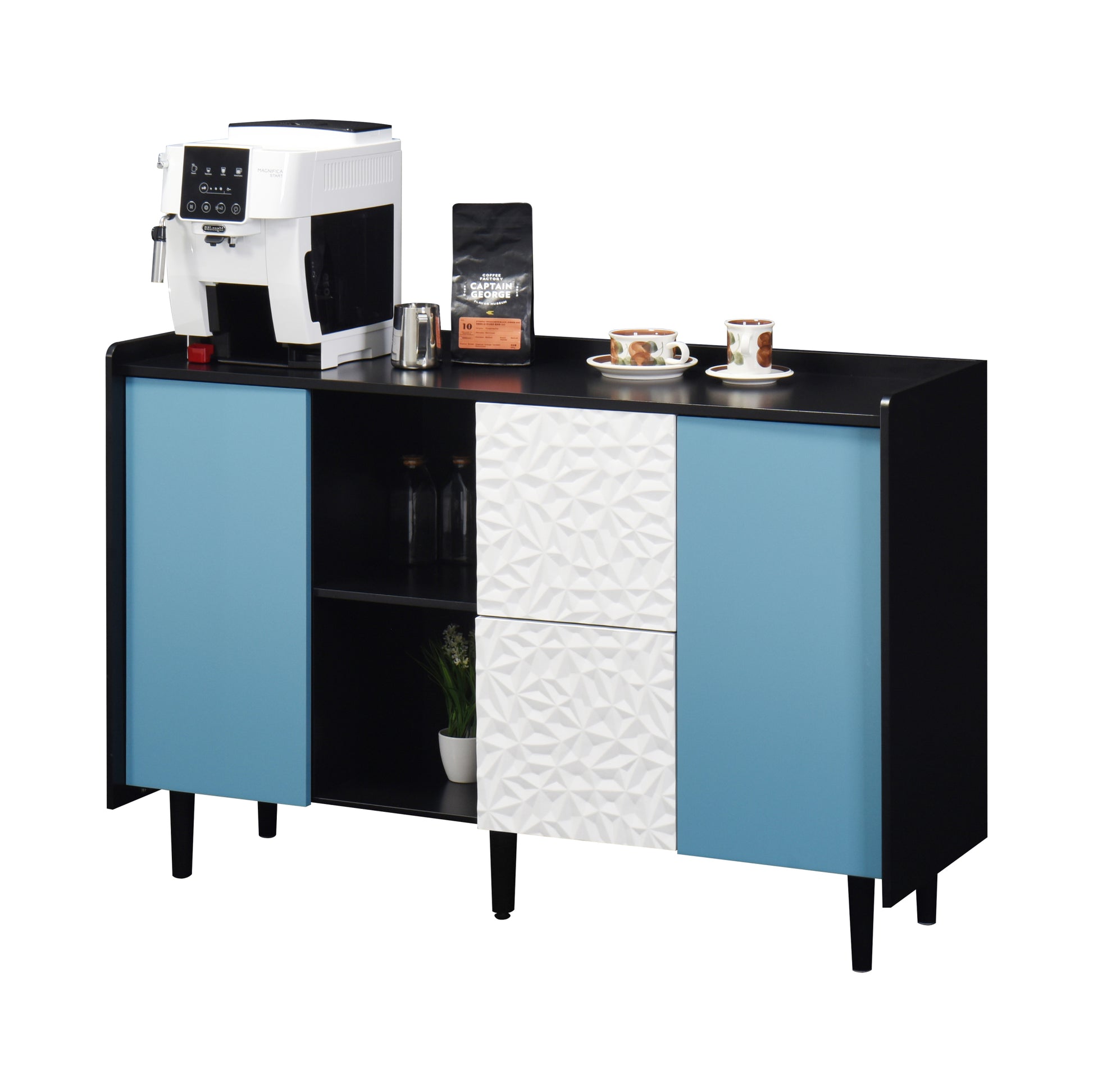 Sideboard Buffet Cabinet, Black Storage Cabinet With Blue Doors2 Drawers With Unique Panel Styling And 2 Open Storage Compartment, Modern Coffee Bar Cabinet Accent Cabinet For Kitchen, Dining Room Black Blue Mdf