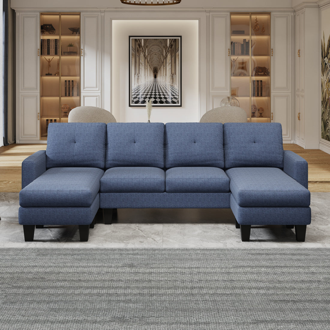 U Shaped Sofa Coch 4 Seat Sofa With Chaise Polyester Fabric For Living Room Apartment Office Blue Blue Primary Living Space Soft Eucalyptus Foam Linen 4 Seat