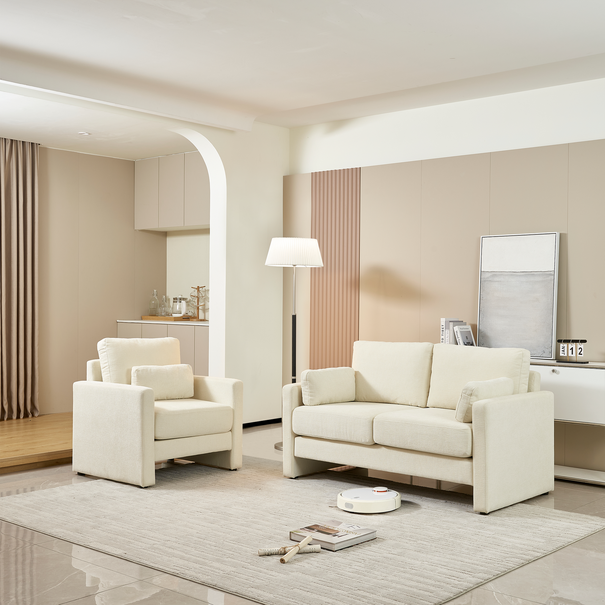 58.66" Small Modern Loveseat Sofa, Mid Century Chenille Fabric 2 Seat Couch Beautiful Seat With Back Cushions, Accent Sofa Couch For Living Beige Wood Foam Chenille 2 Seat