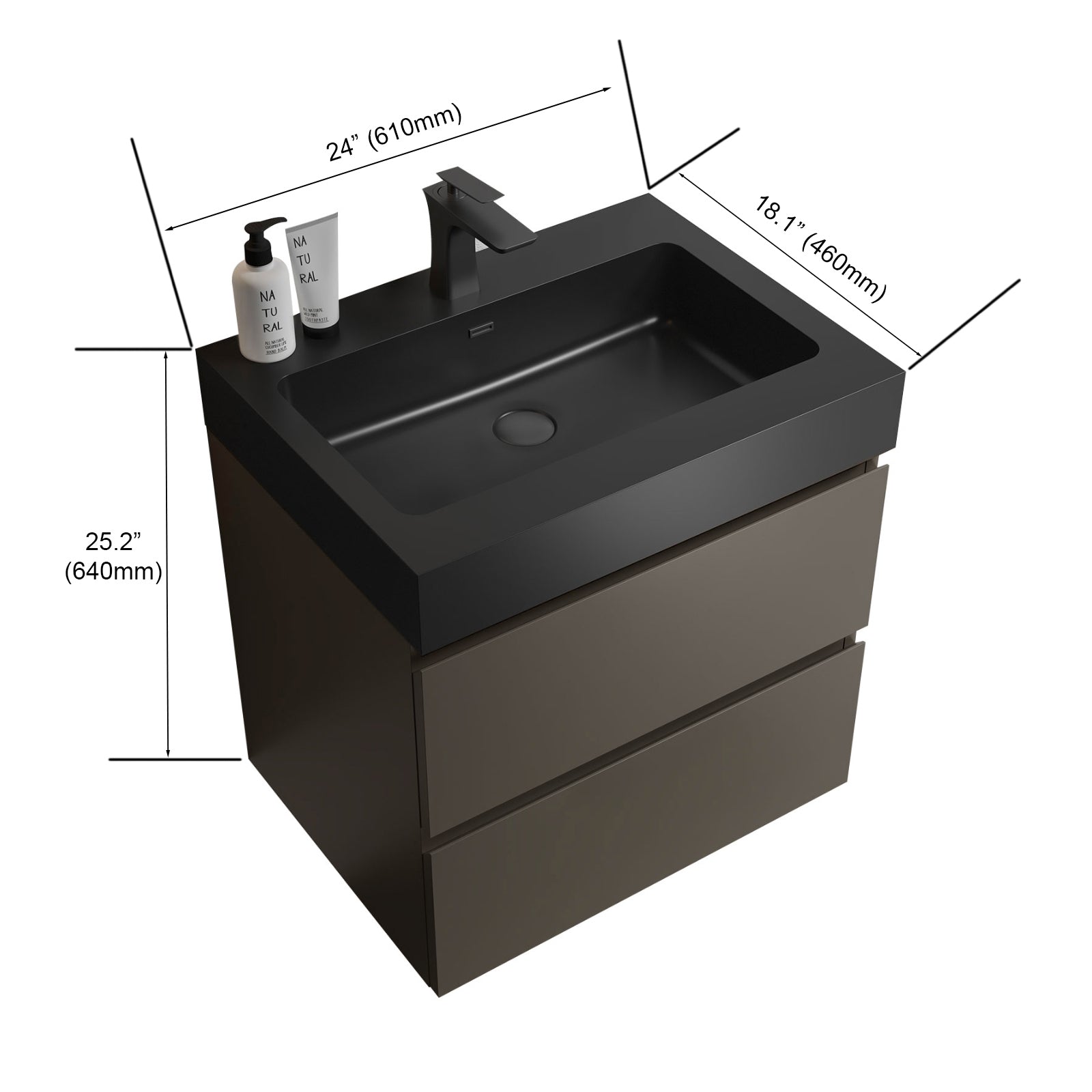 Alice 24" Gray Bathroom Vanity With Sink, Large Storage Wall Mounted Floating Bathroom Vanity For Modern Bathroom, One Piece Black Sink Basin Without Drain And Faucet, Pre Assembled Black Gray Melamine