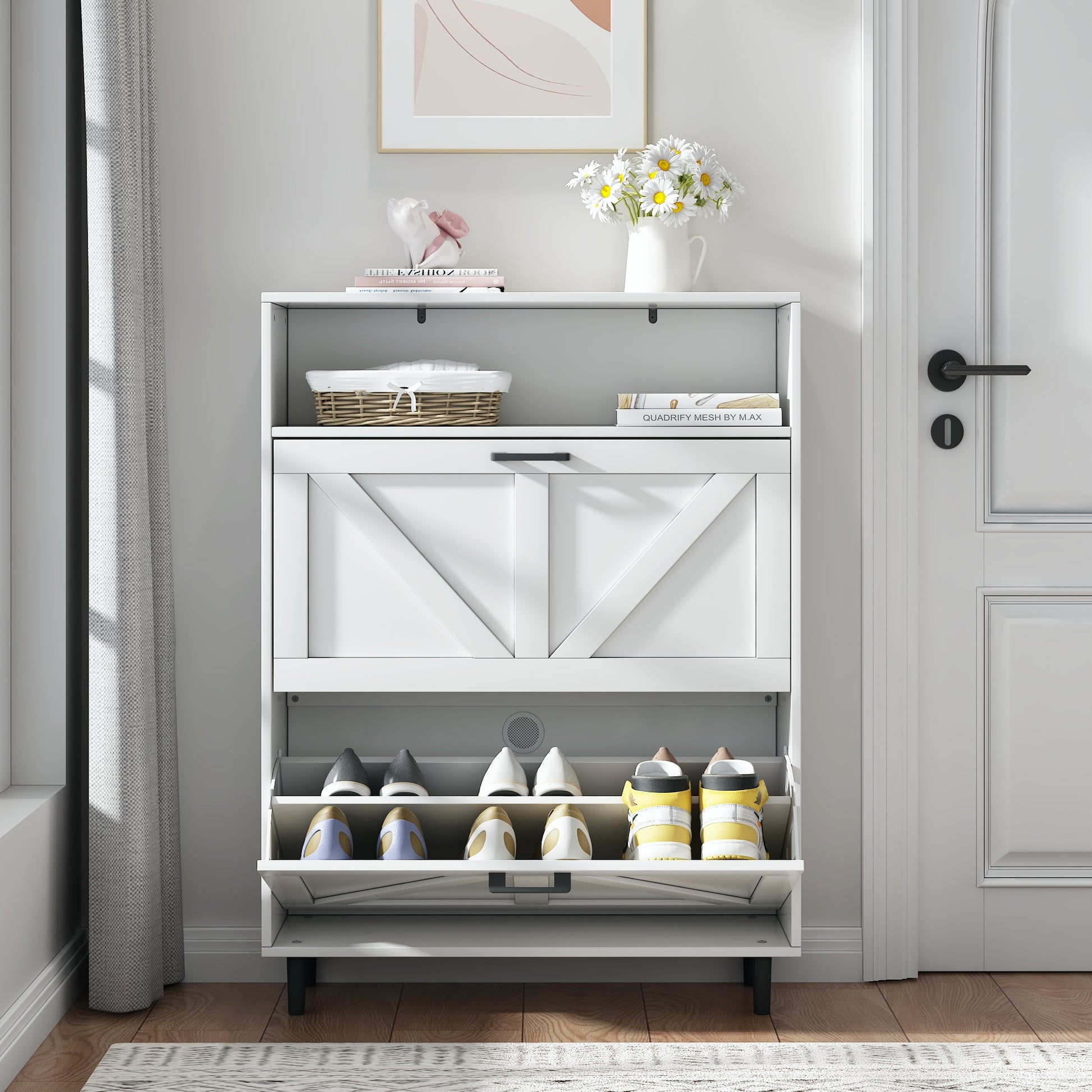 Farmhouse Shoe Storage Cabinet With Barn Door Design, Shoe Organizer With 2 Flip Drawers, Freestanding Narrow Shoe Rack Cabinet With Open Storage For Entryway,Foyer,Hallway, Antique White Freestanding 1 2 Drawers Barn Door Antique White Primary Living