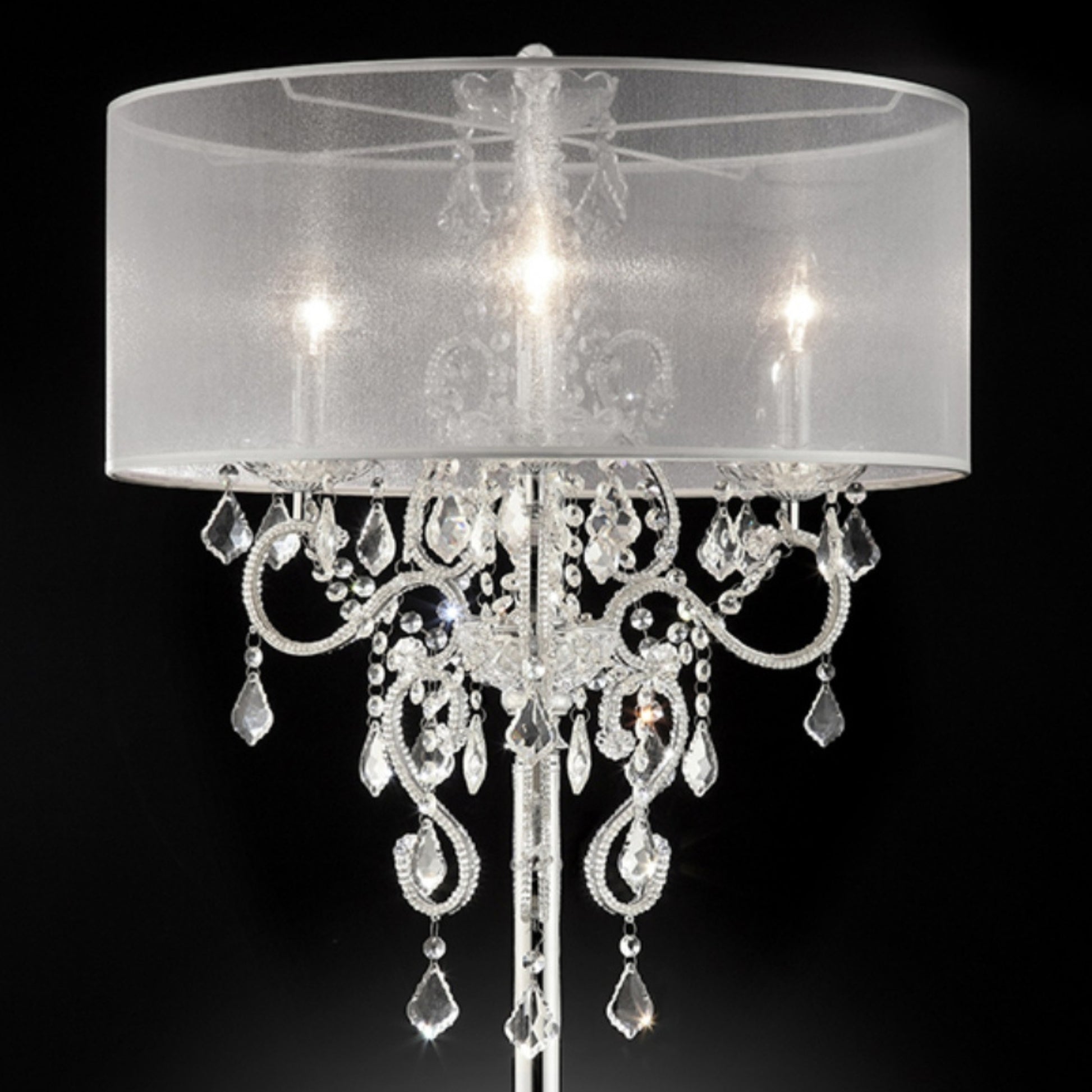 35" Tall Table Lamp "Evangelia", Silver Finish And Crystal Accents, Clear Shade Silver Metal