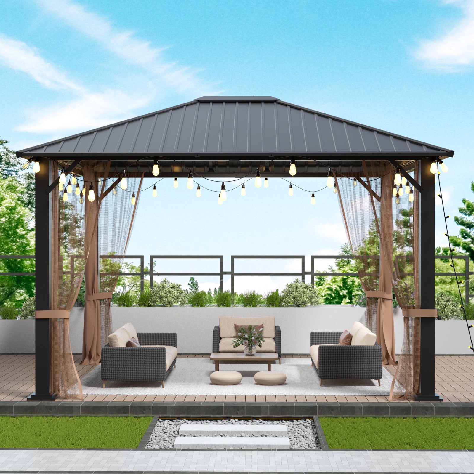 10X12 Hardtop Metal Gazebo,Heavy Duty Pergola With Mosquito Nets&Galvanized Steel,Sturdy Outdoor Canopies Tent,Suitable For Gardens,Patio,Backyard Black Brown Square None Garden & Outdoor Water Resistant Carports Metal