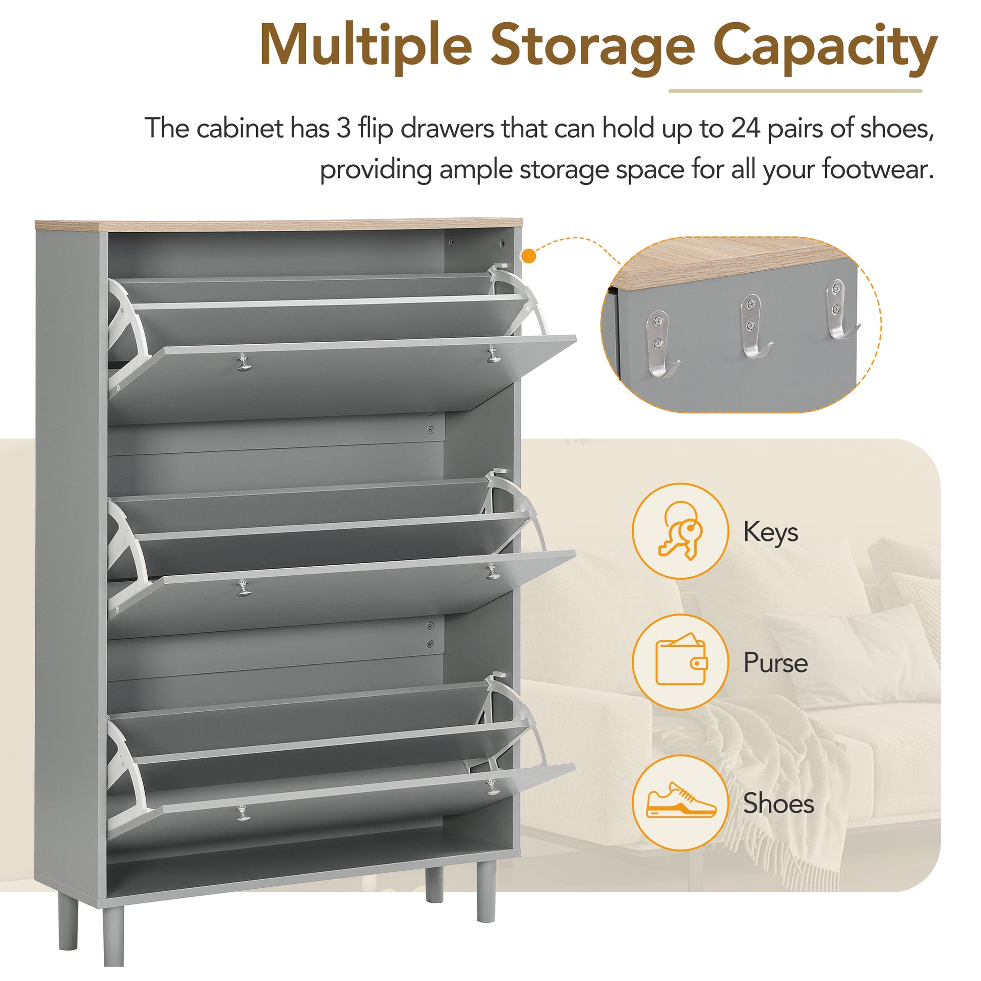 Narrow Design Shoe Cabinet With 3 Flip Drawers, Wood Grain Pattern Top Entryway Organizer With 3 Hooks, Free Standing Shoe Rack With Adjustable Panel For Hallway, Grey Freestanding 3 4 Drawers Grey Primary Living Space Shelves Included Particle Board