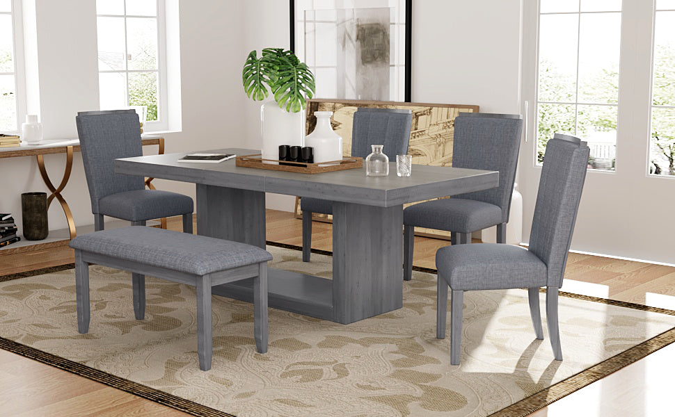Contemporary 6 Piece 78inch Extendable Pedestal Dining gray-wood-dining room-solid
