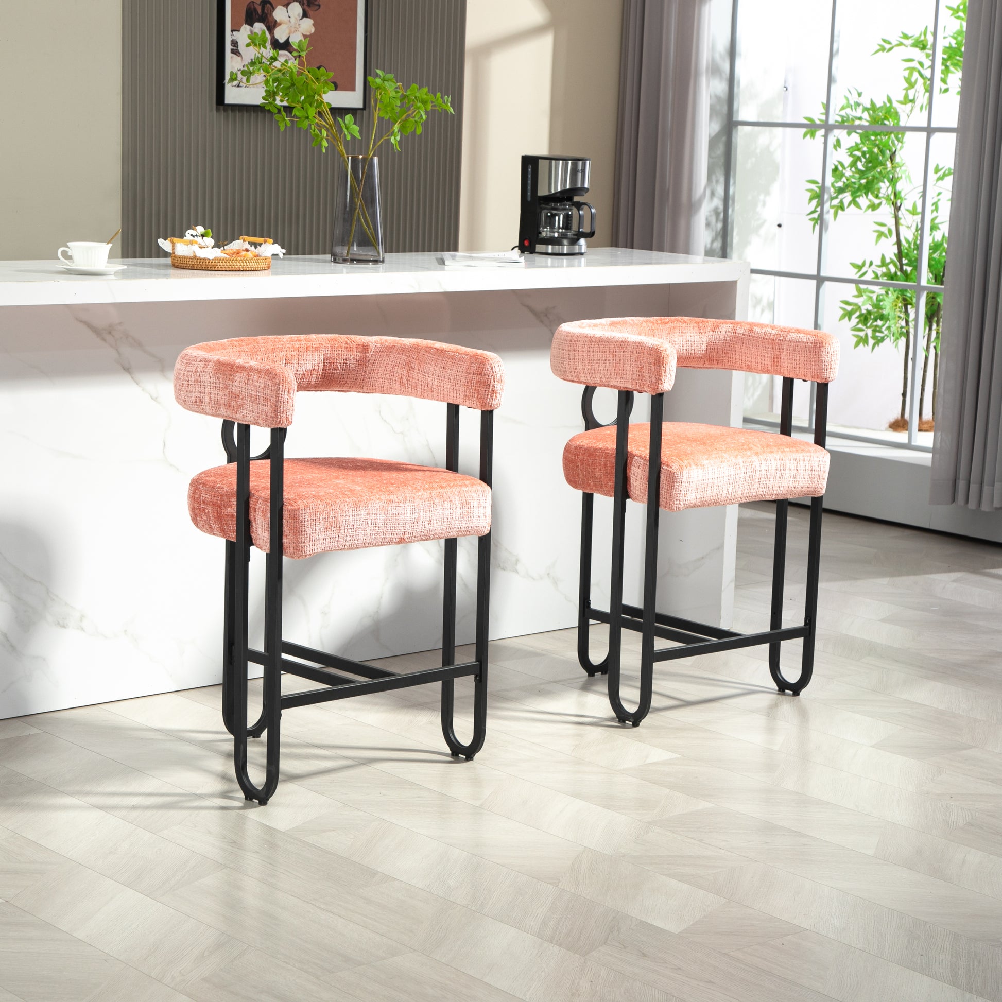 Coolmore Bar Stools Set Of 2, Modern Bar Stool With Back, Black Metal Frames, Upholstered Bar Stools For Kitchen Island, Pub, Club Pink Chenille Pink Dining Room Foam Chenille