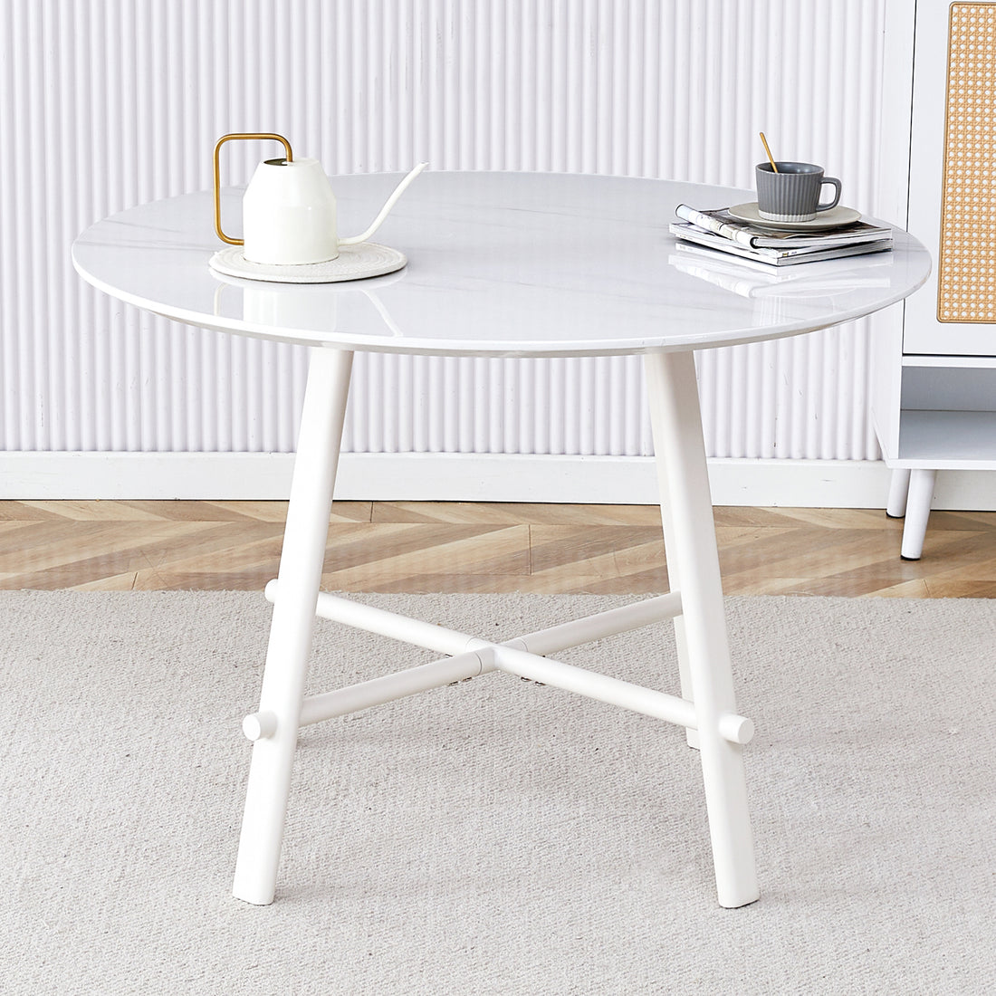 A Modern Minimalist Circular Dining Table With A 42 Inch Diameter White Patterned Tabletop And White Metal Legs. Suitable For Restaurants, Living Rooms, And Conference Rooms. White Mdf Metal