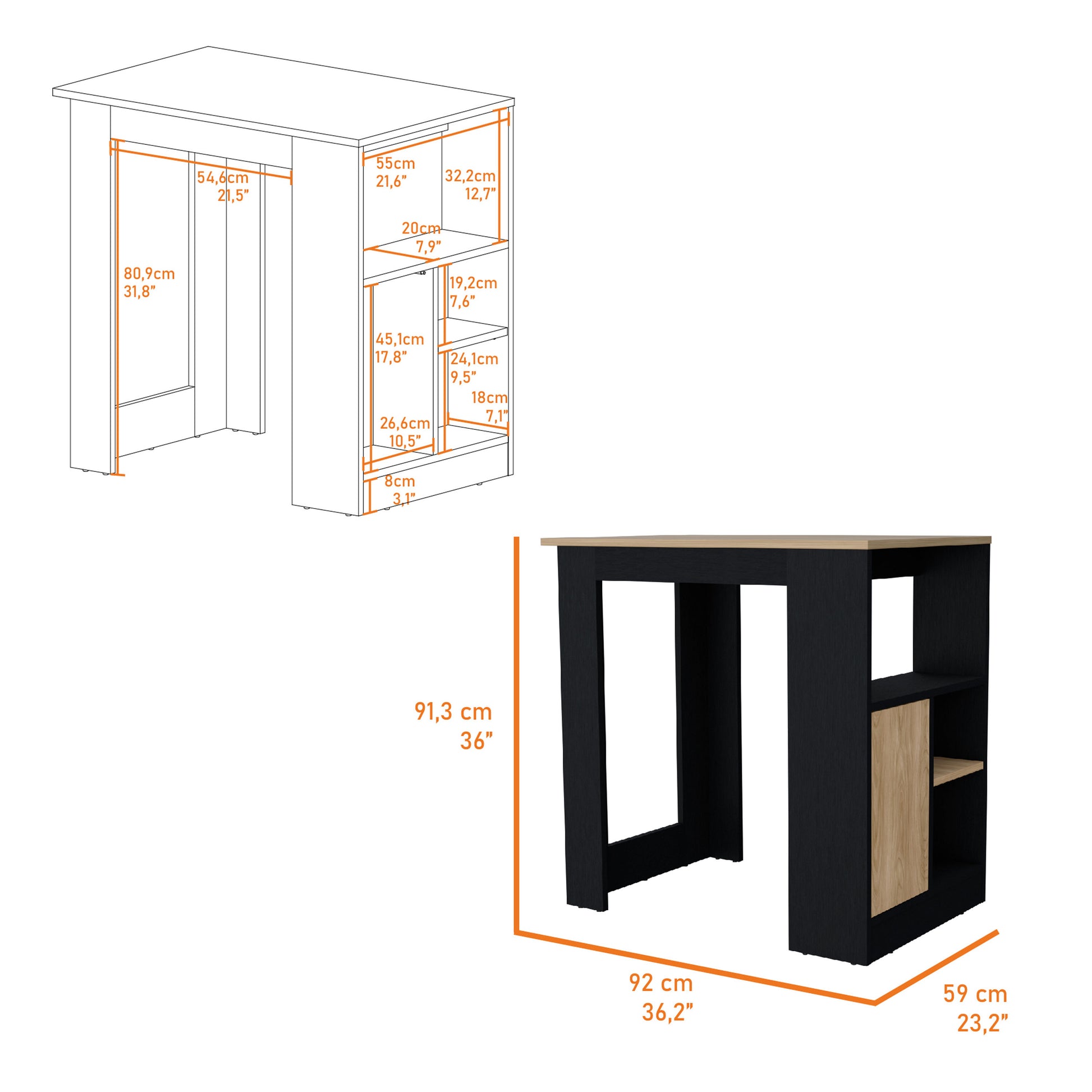 Arial Kitchen Island In Melamine With A Door And Open Storage, Black Natural Oak Multicolor Kitchen Modern Rectangular Stationary Kitchen Islands Particle Board Melamine Small Less Than 40In