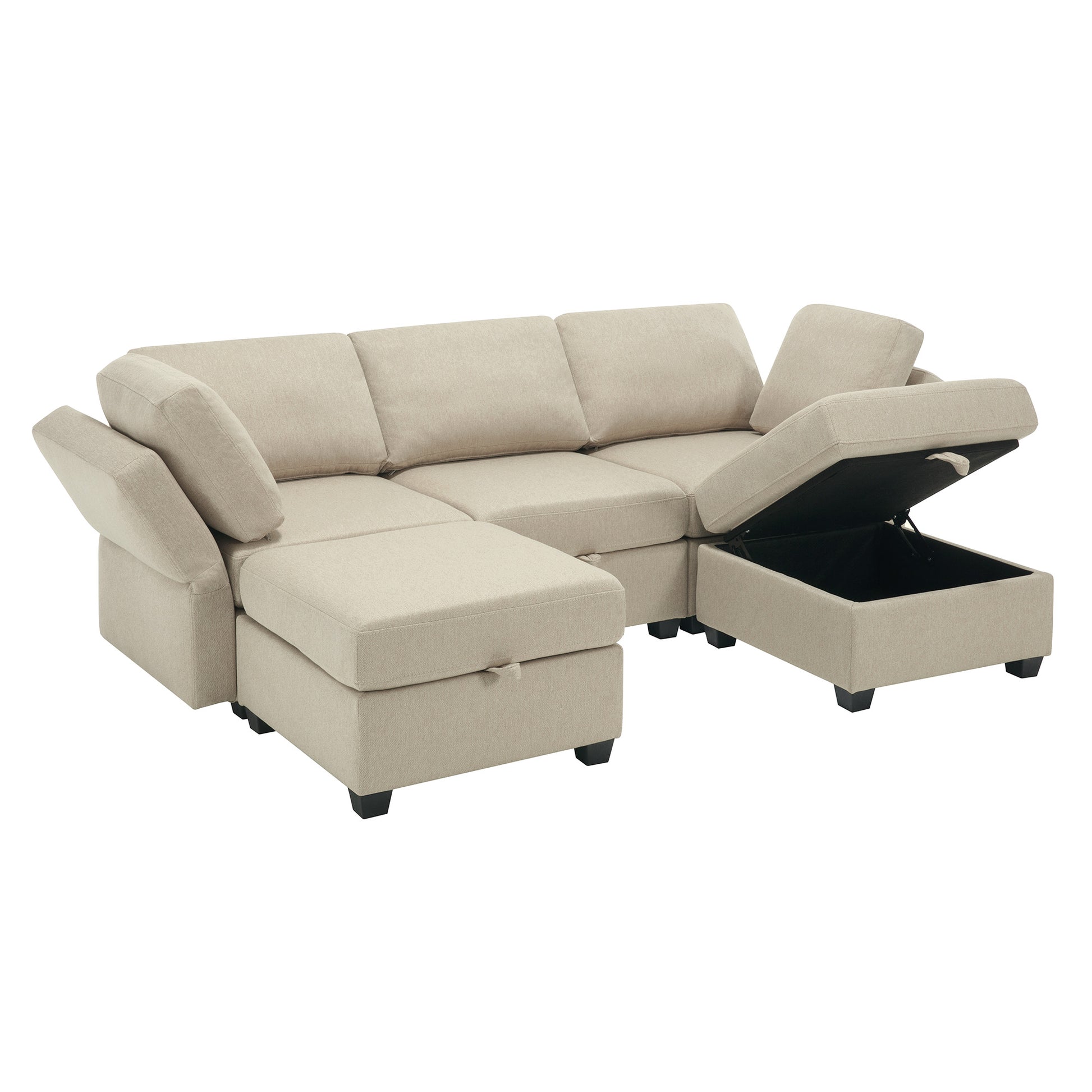 Reversible Sectional Sofa Modern Modular Sectional Couch With Chaise U Shaped Corner Sectional 5 Seater Modular Sofa With Storage Seats, Adjustable Arms And Backs Beige Beige Polyester 3 Seat