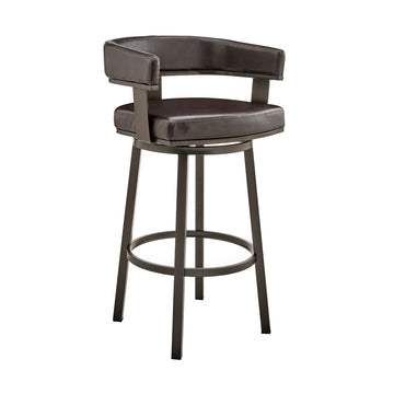 Jack 26 Inch Counter Height Bar Stool, Swivel Chair, Faux Leather, Brown Black Metal