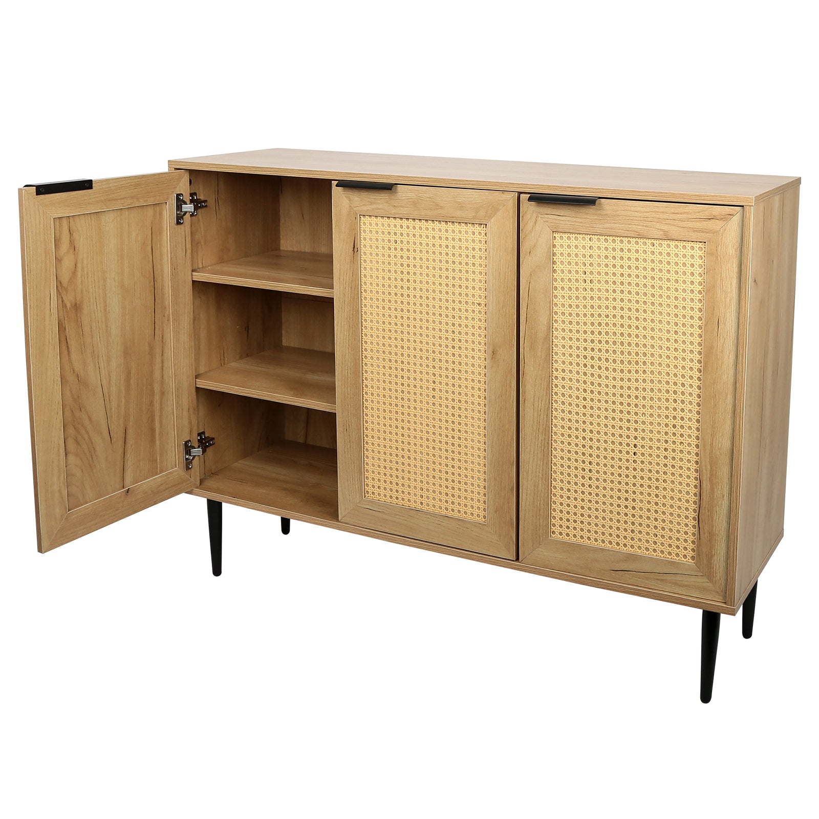 47.24 '' Wide Elegant Kitchen Buffet Storage Cabinet With 3 Rattan Doors For Bedroom Living Room Kitchen Cupboard Wooden Furniture With 3 Tier Shelving ,Natural Color Natural Particle Board