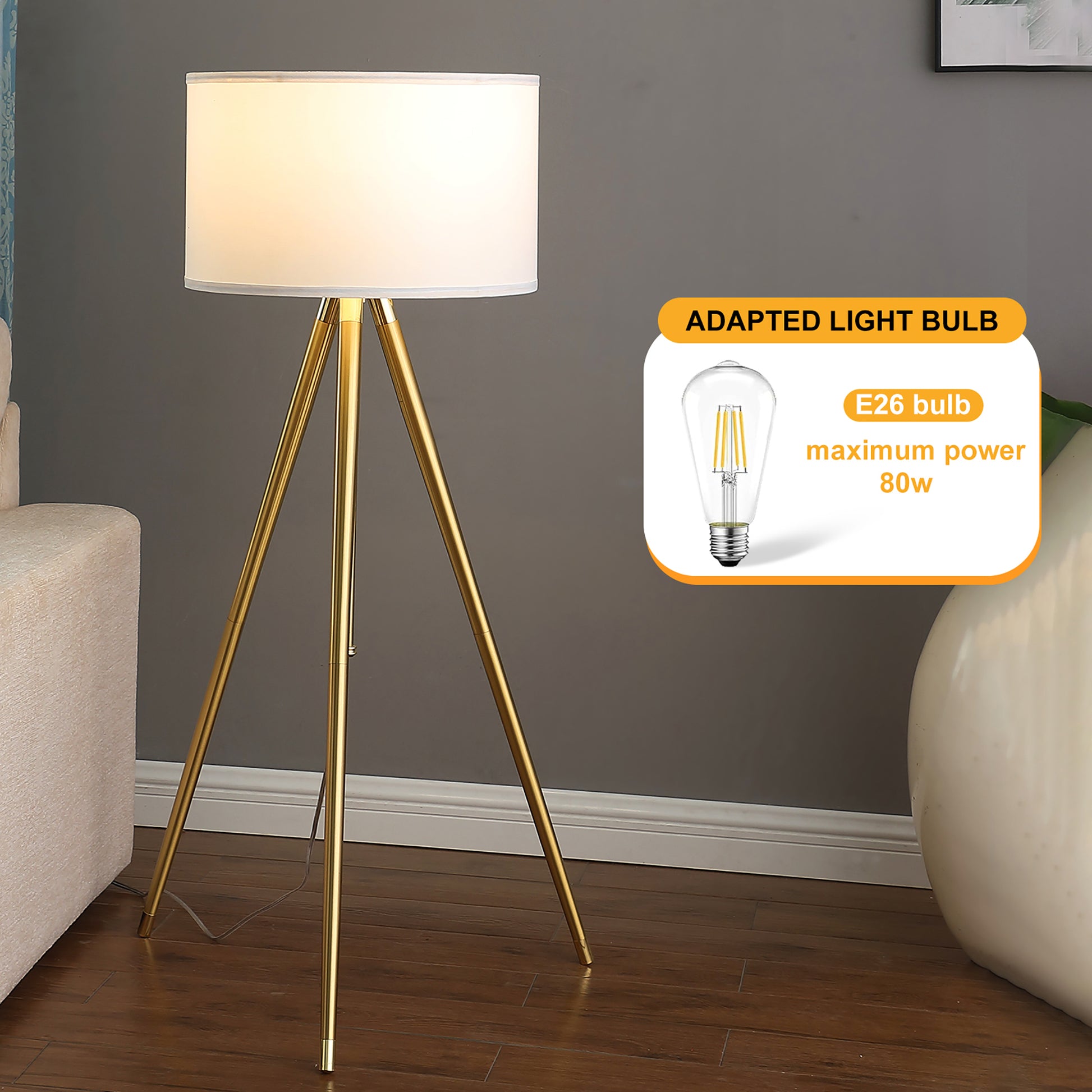 64" 47"H Adjustable Height Brass Shiny Gold Modern Tripod Floor Lamp For Living Room, Standing Lamp For Bedroom Gold White Fabric Metal