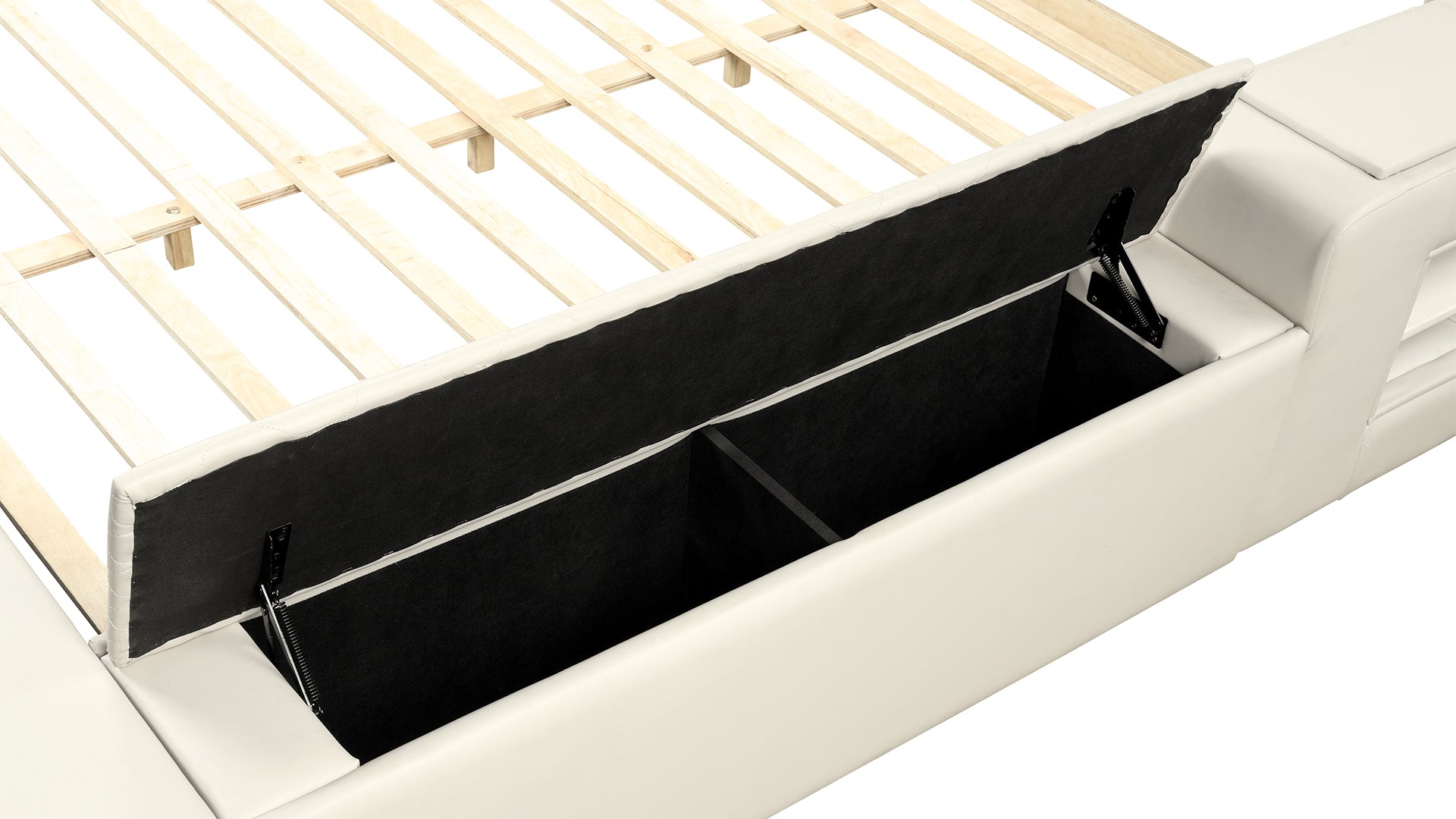 Zoya Smart Multifunctional Queen Size Bed Made With Wood In Beige Box Spring Not Required Queen Beige Wood Bedroom Contemporary,Modern Slat Beds Upholstered Faux Leather Wood