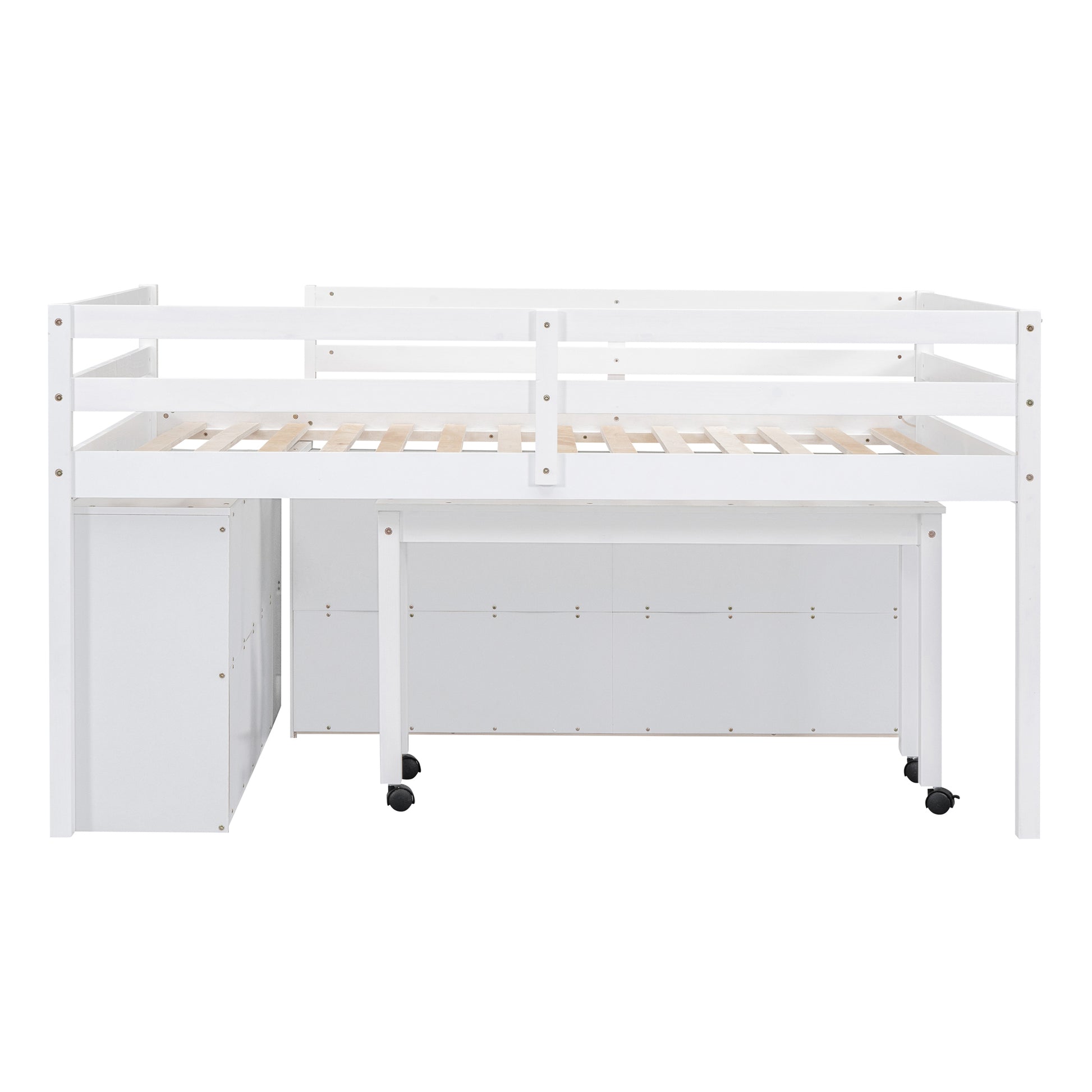 Full Size Loft Bed With Retractable Writing Desk And 4 Drawers, Wooden Loft Bed With Lateral Portable Desk And Shelves, White Full White Solid Wood Mdf