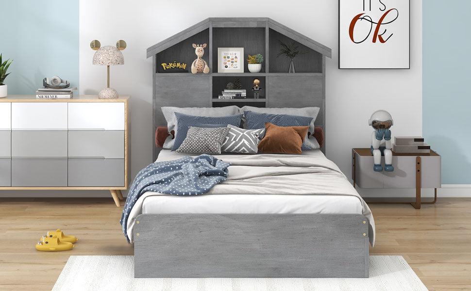 Twin Size Wood Platform Bed With House Shaped Storage Headboard And 2 Drawers, Gray Box Spring Not Required Twin Gray Wood Bedroom Solid Wood Mdf