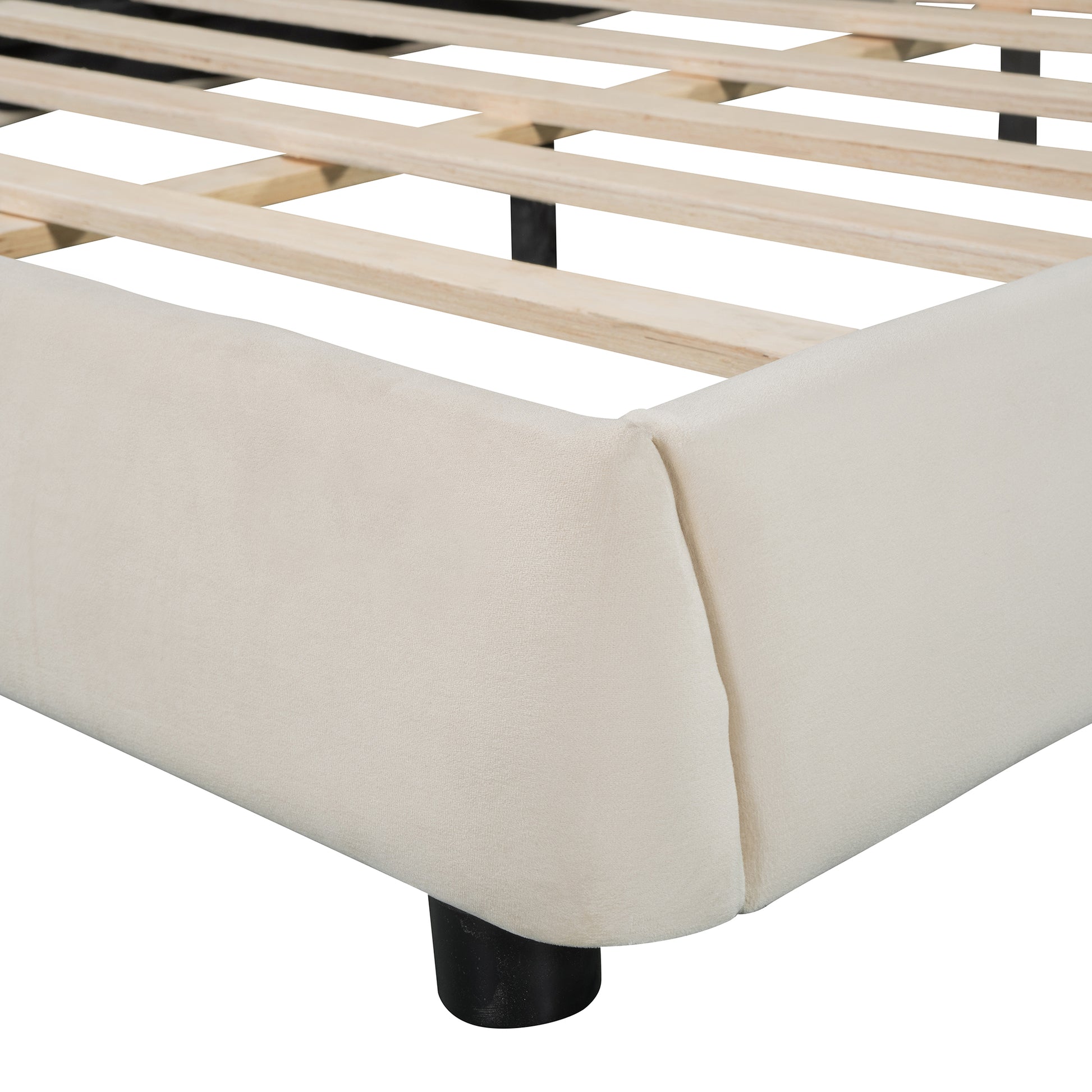 Queen Size Velvet Upholstered Platform Bed,Solid Frame And Stylish Curve Shaped Design, Beige Queen Beige Velvet