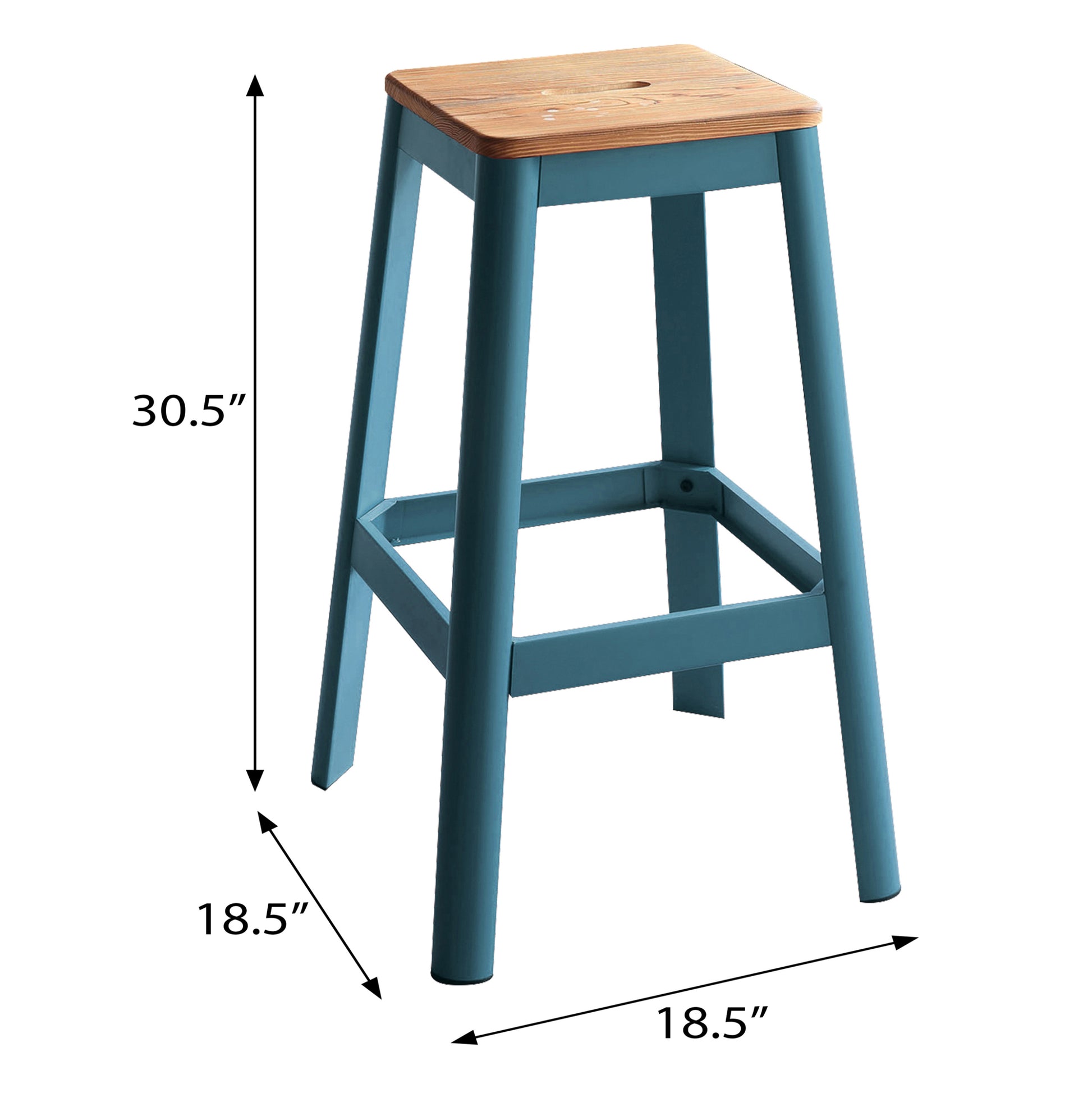 Natural And Teal Armless Bar Stool With Crossbar Support Solid Natural Dining Room Farmhouse Bar Stools Pine 1 Wood Metal