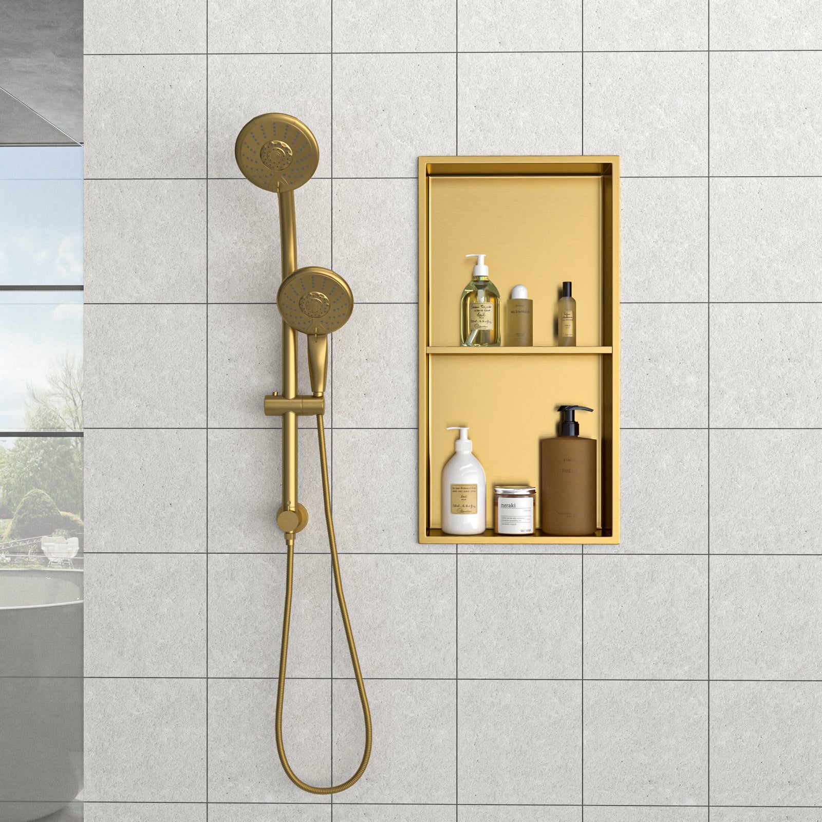 13" X 25" Stainless Steel Shower Niche Double Shelf, Gold Gold Stainless Steel