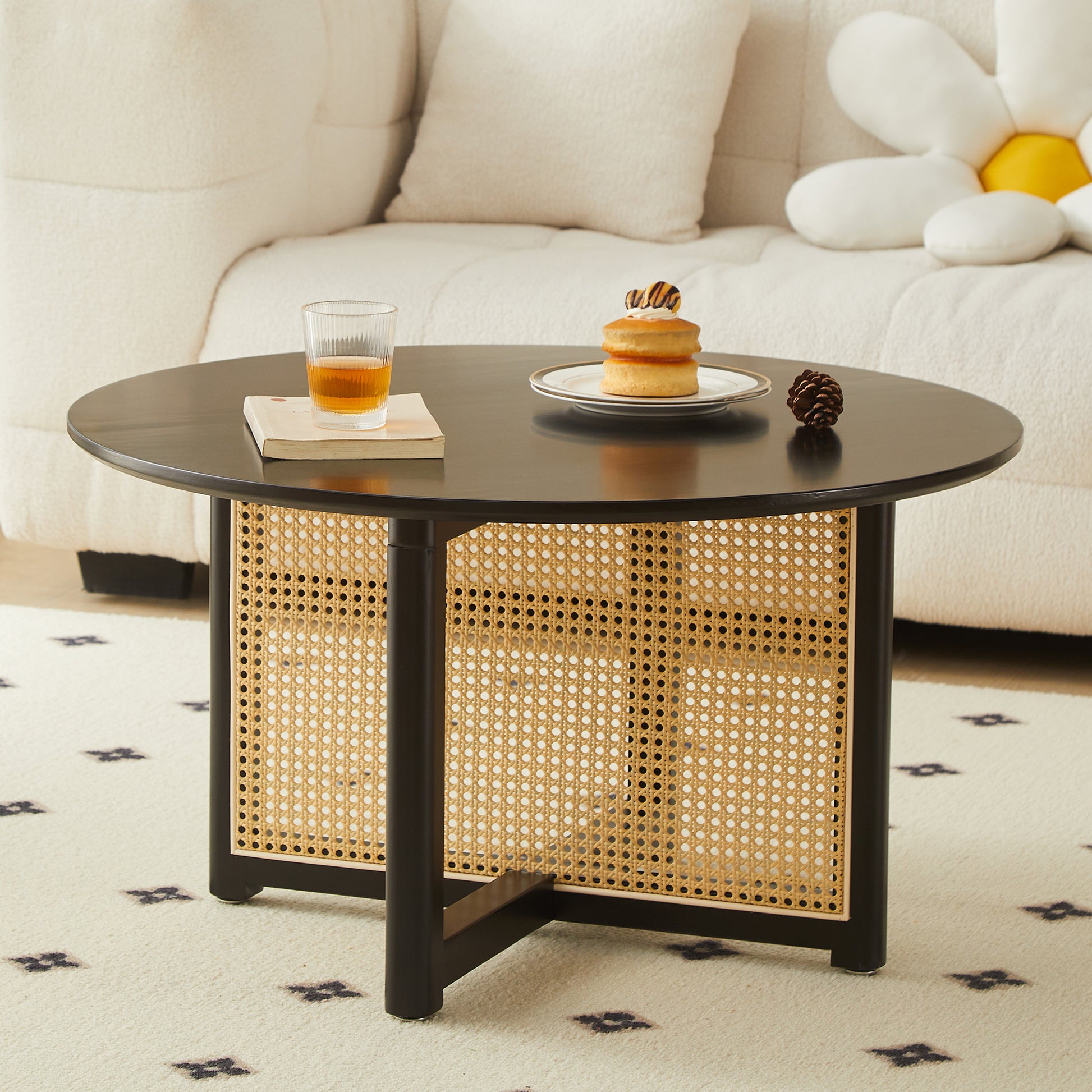 Mid Century Wooden Coffee Table With Pe Cane Stand, 31.5 Inch Round Solid Wood Bohemian Style Coffee Table, Unique Central Cocktail Table For Living Rooms, Apartments And Offices Black Rubber Wood