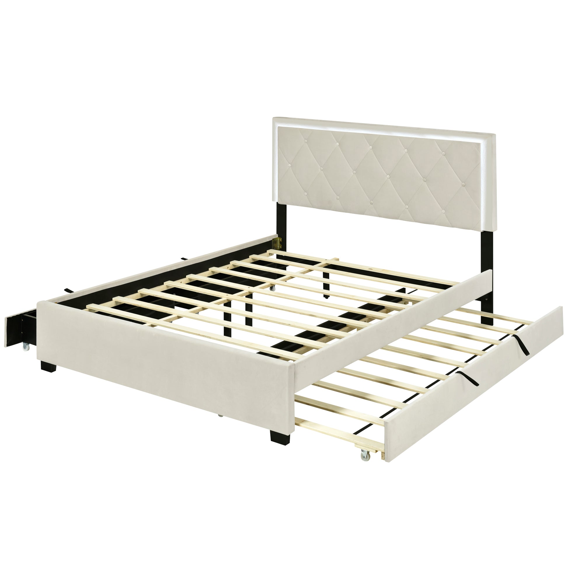 Queen Size Velvet Storage Platform Bed, With 2 Big Drawers, Twin Xl Size Trundle And Led Light, Beige Beige Velvet