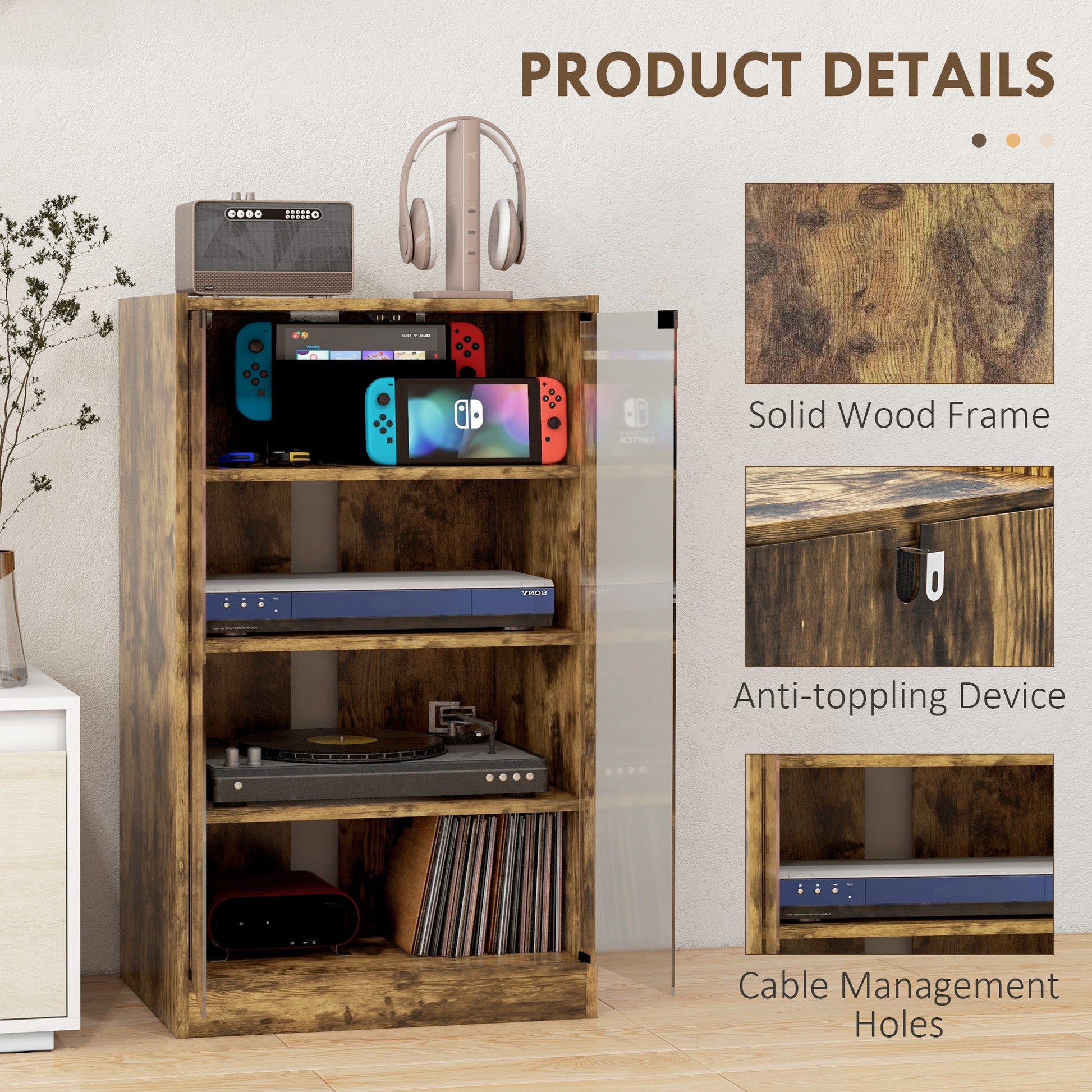 Homcom Media Cabinet, 4 Tier Stereo Cabinet, Modern Audio Video Media Stand With Adjustable Shelves, Tempered Glass Doors, And Cable Management, Rustic Brown Rustic Brown Mdf